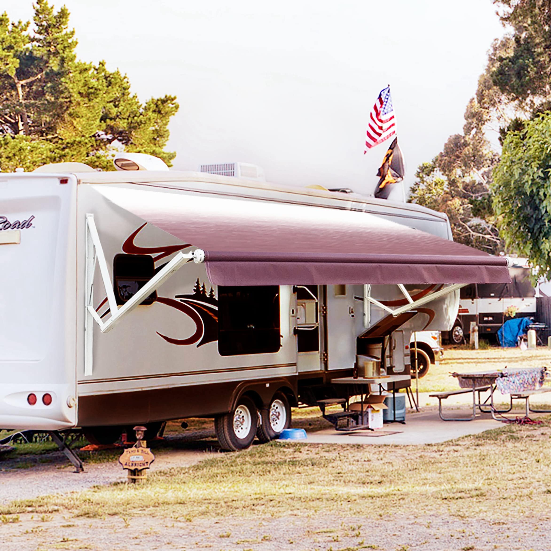 Awnlux White Motorized Modular Retractable RV Awning Full Set Assemblies for RV, 5th Wheel, Travel Trailers, Toy Haulers, and Motorhome - RV Trailer Awning for Home or Camper - 12x8 Ft - Burgundy Fade