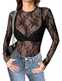 Zeagoo Womens Mesh Long Sleeve Tops Mock Neck Going Out See Through Shirts Sexy Sheer Blouses Clubwear S-XXL