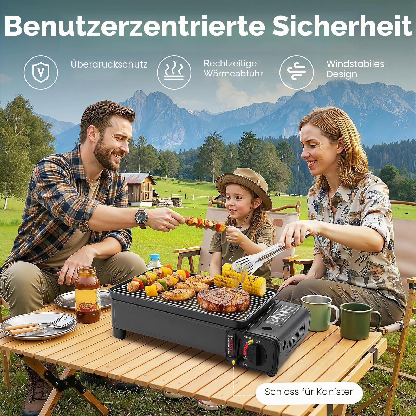 Camping Gasgrill & Gaskocher Outdoor, 2200W Tischgrill Gas Campinggrill Überspannungsschutz mit Fettbehälter, Koffer & 2 Grillnetz, Klein Tischgasgrill Tragbarer für Camping, Terrasse