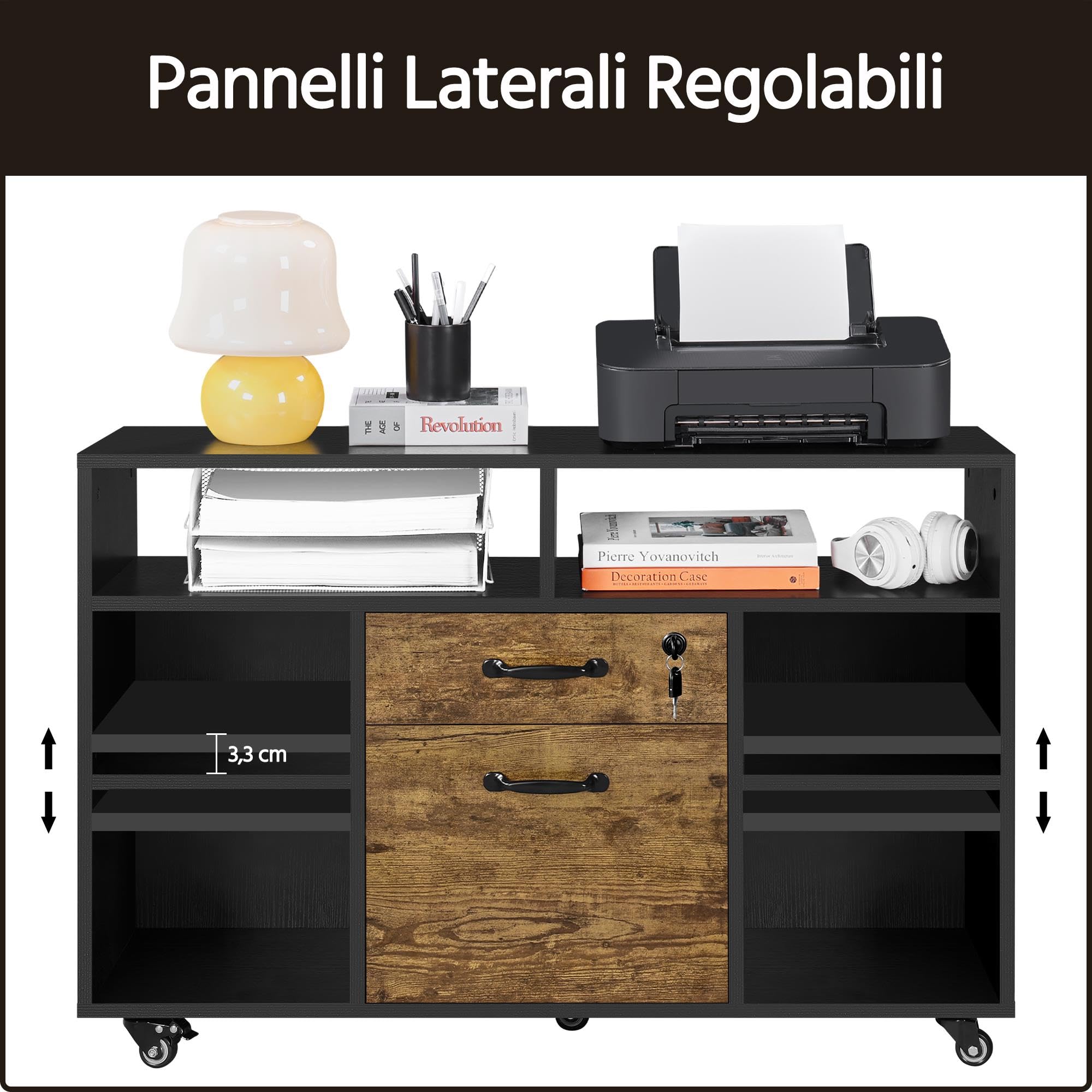 Yaheetech Caisson de Bureau avec 2 Tiroirs et 6 Casiers, Caisson de Rangement à 5 roulettes, Dossier A4 / Lettre Support pour Imprimante, 2 tablettes réglables Domicile Industriel,100×40×66,5 cm