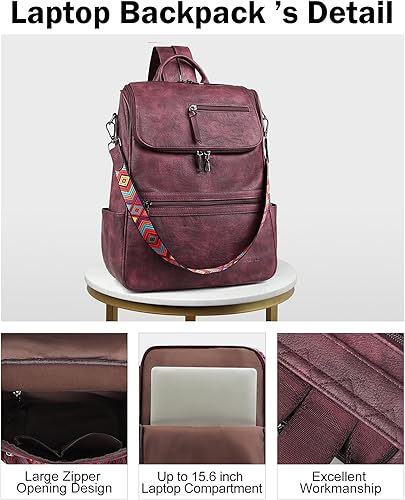 Miniatura 5 de FADEON Mochila para computadora portátil para mujer, mochila de viaje de cuero con compartimento para portátil, diseño de PU, color rojo