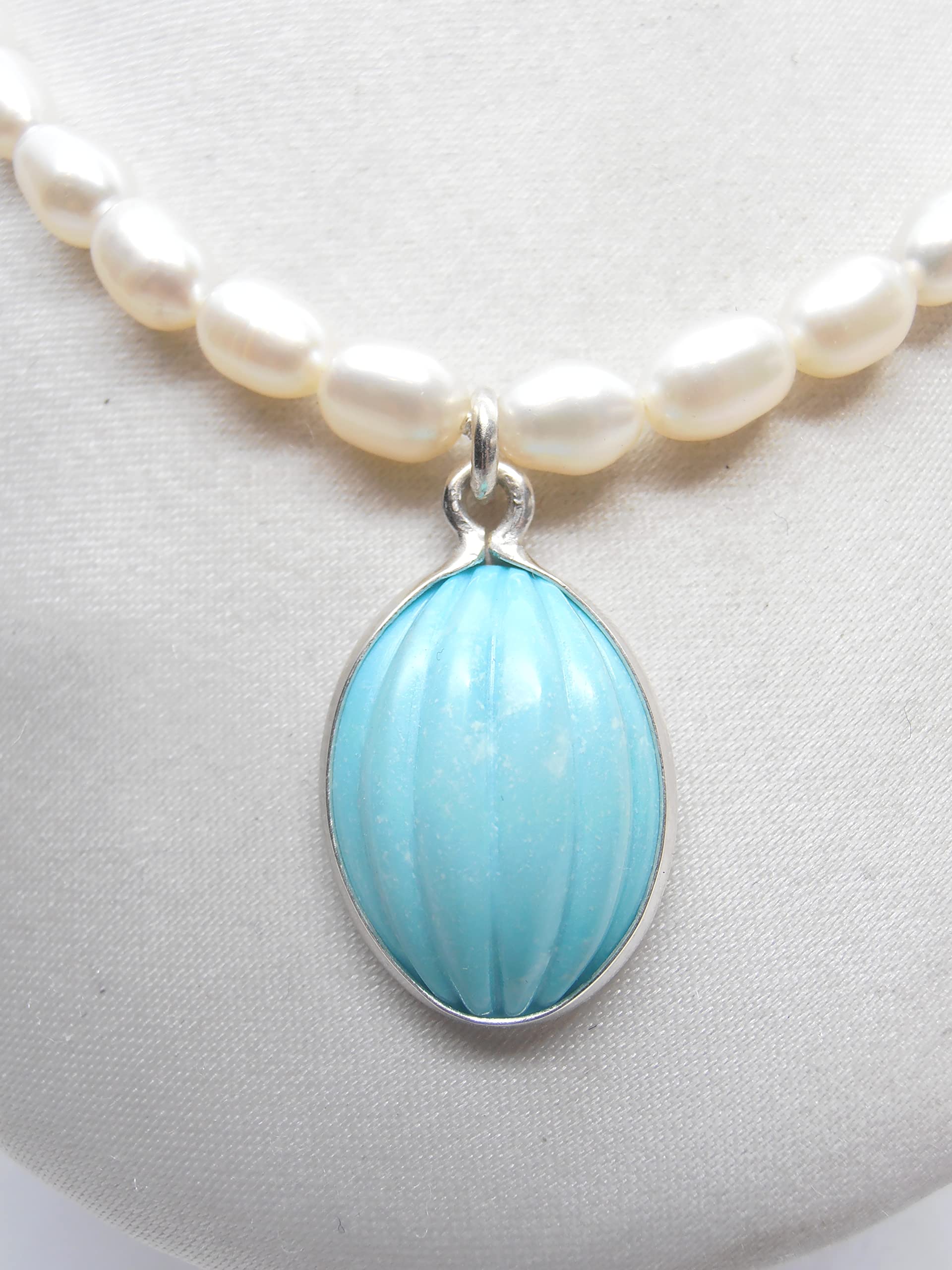 Collana di Perle d'Acqua Dolce con Ciondolo in Turchese Naturale e Argento 925 - Girocollo con Pietre Preziose
