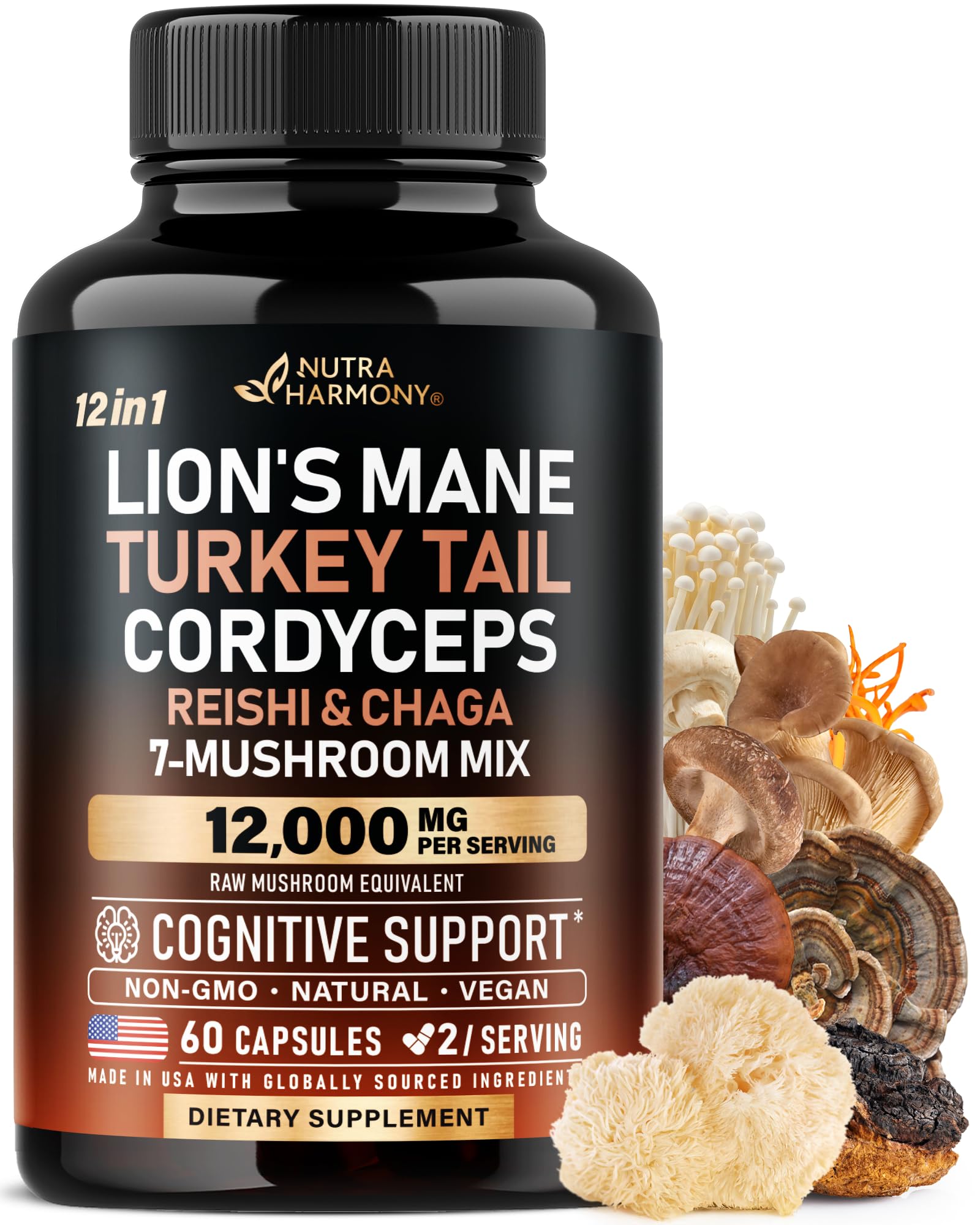 Mushroom Supplement - Organic Lions Mane | Turkey Tail | Chaga | Cordyceps | Reishi | Maitake | Shiitake | Meshima | Tremella | Oyster | Agaricus - Made in USA - Non GMO, Gluten Free - 60 Capsules