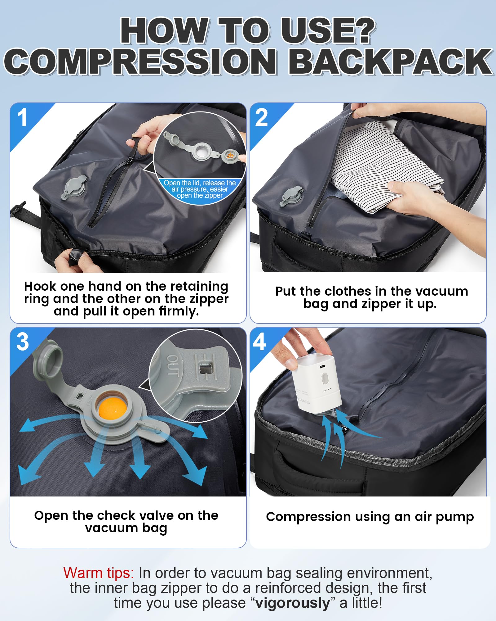 Vakuum Rucksack mit Pumpe Ryanair Handgepäck Wizzair Easyjet Großer Reiserucksack Flugzeug für Damen Herren, Wasserdichter Tagesrucksack Laptop Rucksack 14 Zoll, Schwarz