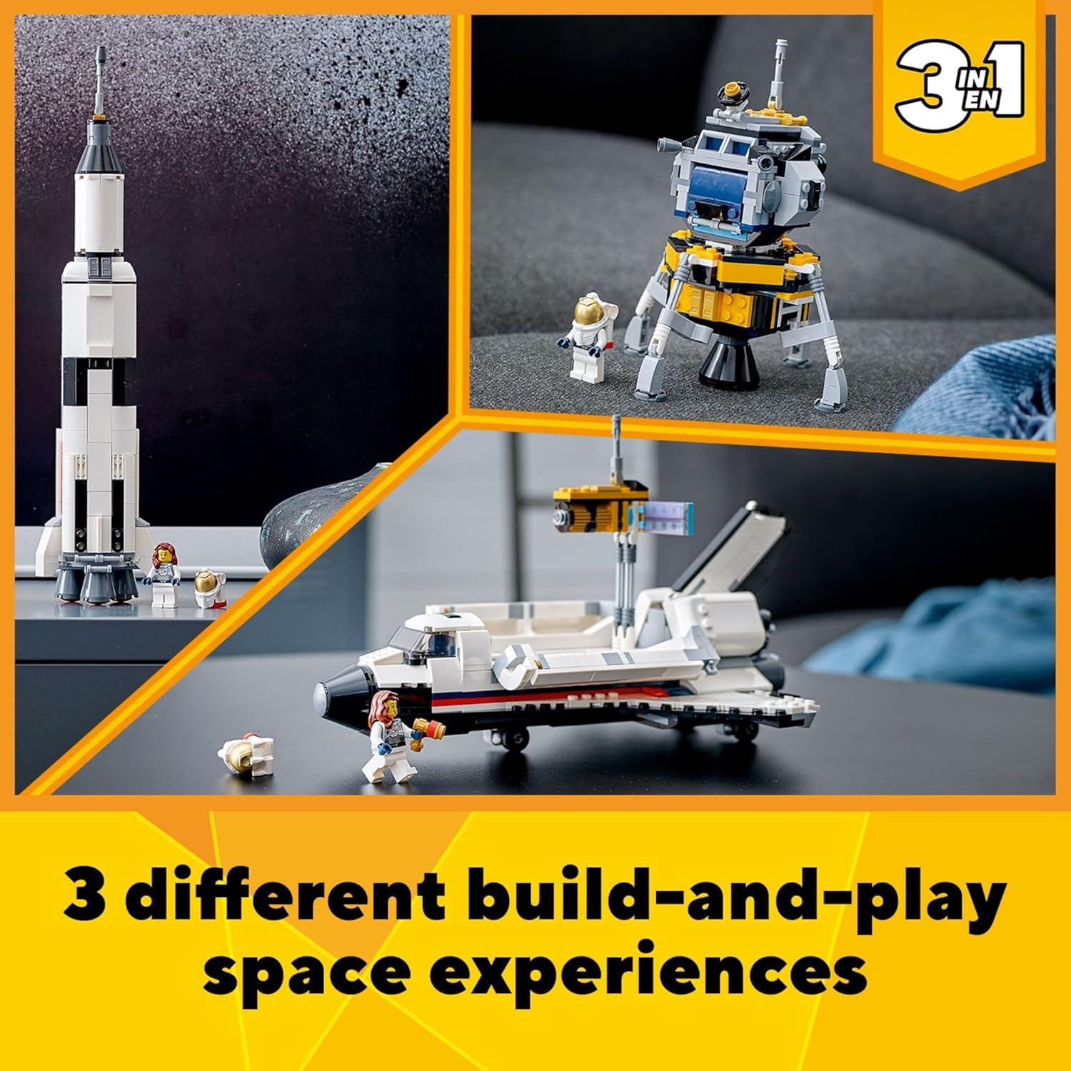Three LEGO models: Space Shuttle, Rocket, and Lunar Lander