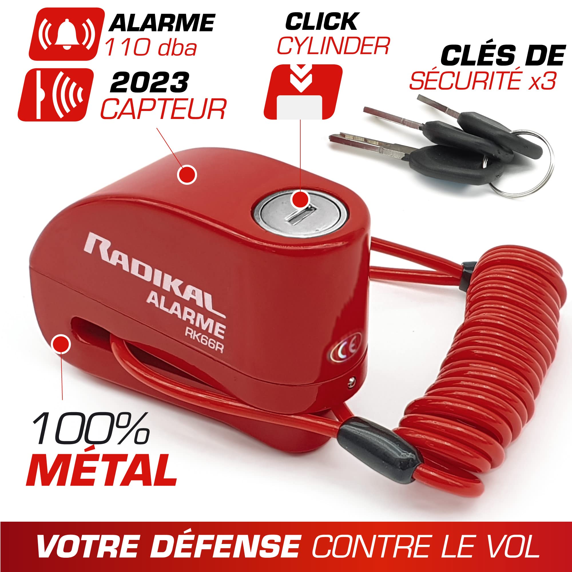 RADIKAL RK66R Antivol Moto Bloque Disque Alarme 110dB, Dissuasif et Étanche, Serrure à Clic, Câble Rappel, Piles Rechange, Sac, Anti Vol Bloc Frein ø6mm Universel Moto Scooter Vélo