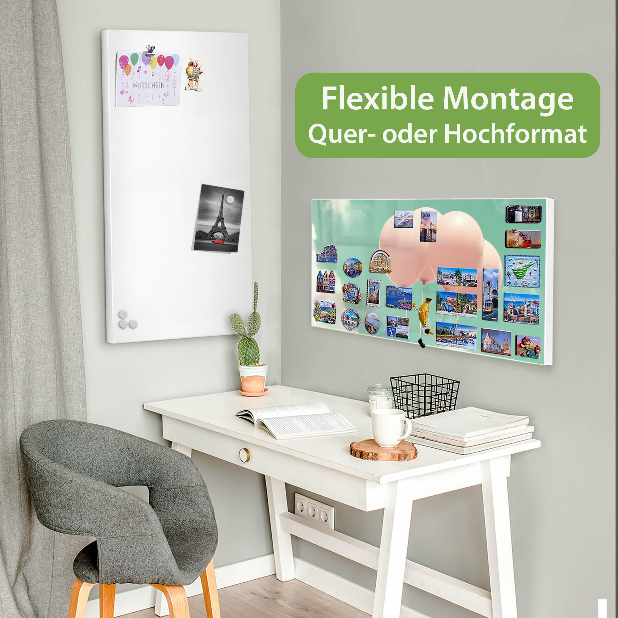 banjado Magnettafel Metall 78 x 37cm - beschreibbare Magnettafel - Metall Pinnwand als Memoboard - Magnetwand Küche, Büro, Kinderzimmer Weiß inkl. 4 Magnete & Montageset - Motiv Rosa Ballons