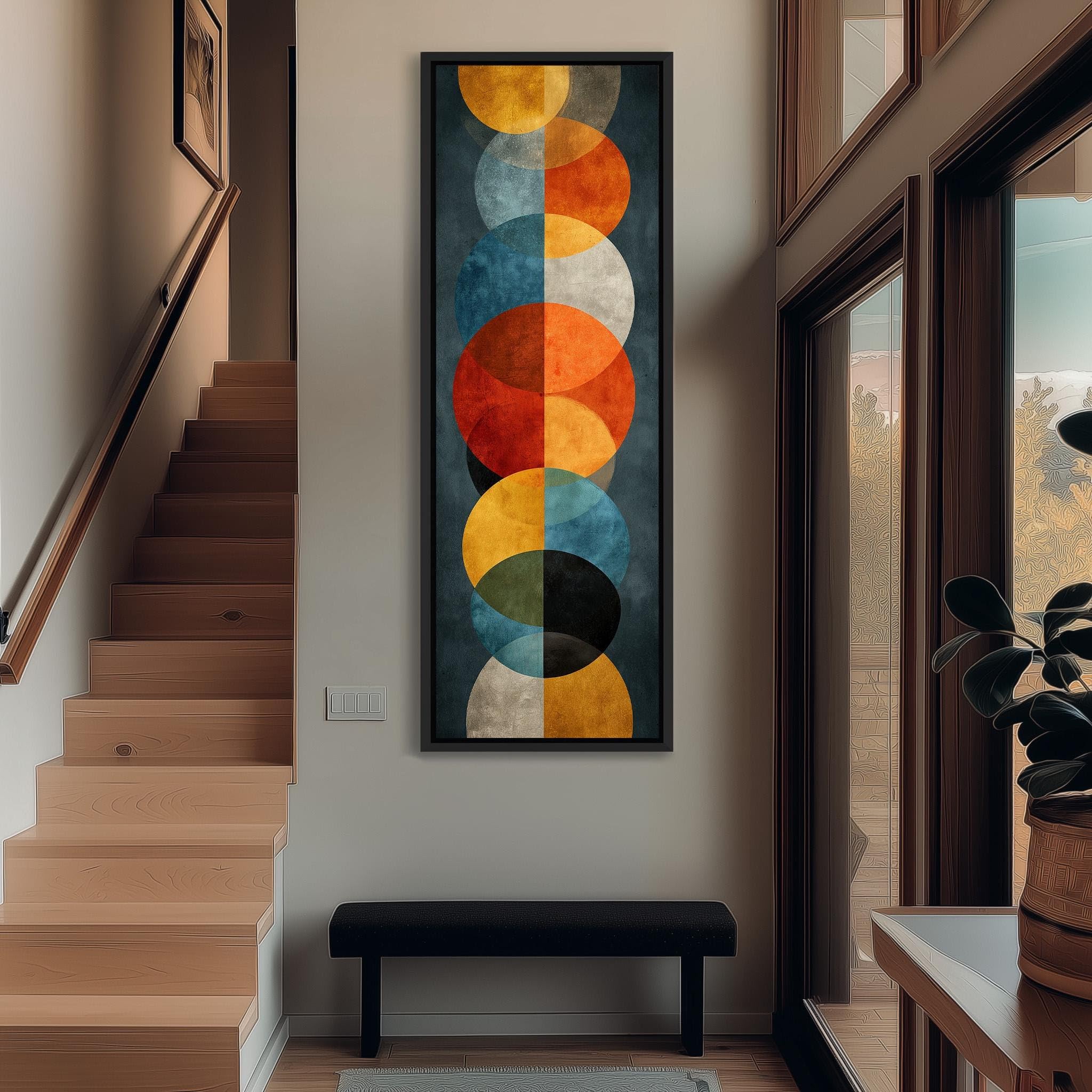Geometryczna sztuka z połowy XX wieku, pionowe płótno, wysokie, wąskie pomarańczowo-turkusowe koła, dekoracja ścienna w stylu retro, wydruki plakatów w stylu vintage (60 x 180 cm/rama wewnętrzna)
