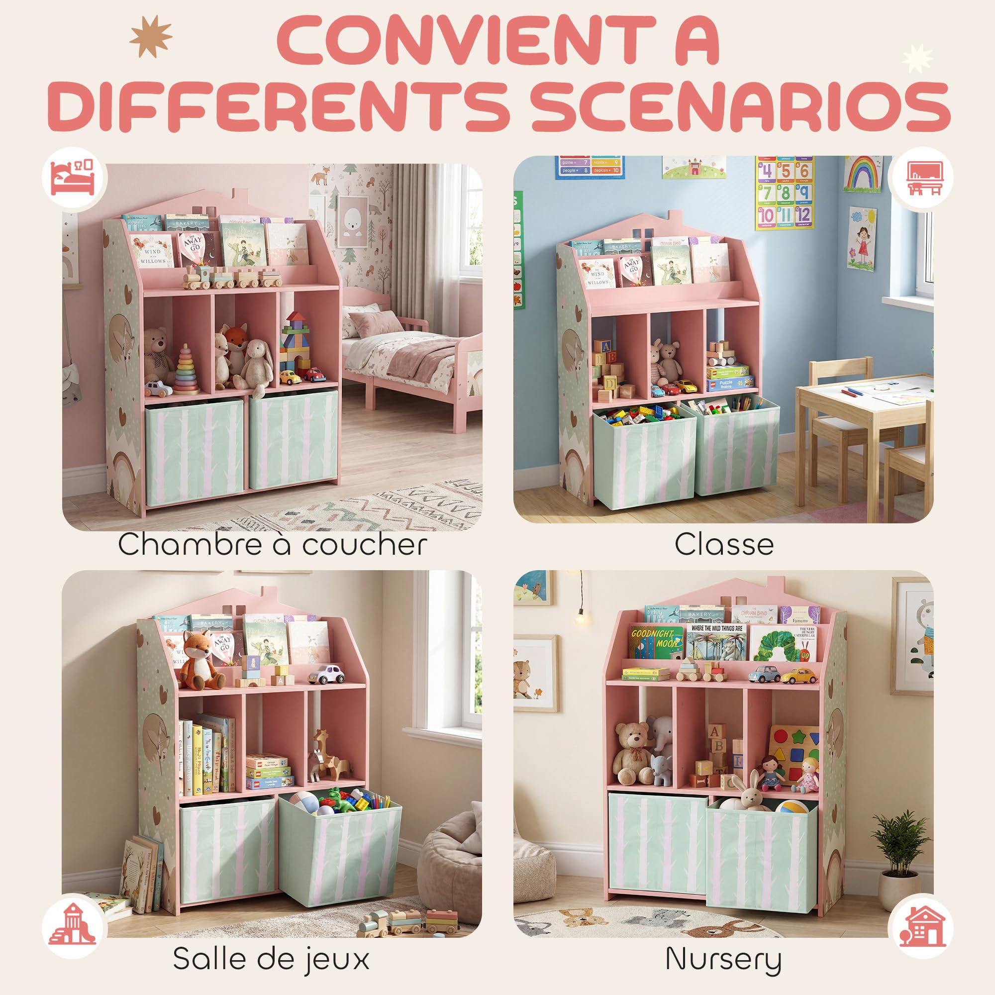 AIYAPLAY Meuble Rangement Enfant, bibliothèque Enfants avec étagères Ouvertes et 2 tiroirs en Tissu, Forme de Maison et Motif de Renard, Rangement Jouet pour Chambre d'enfants Salle de Jeu, Rose