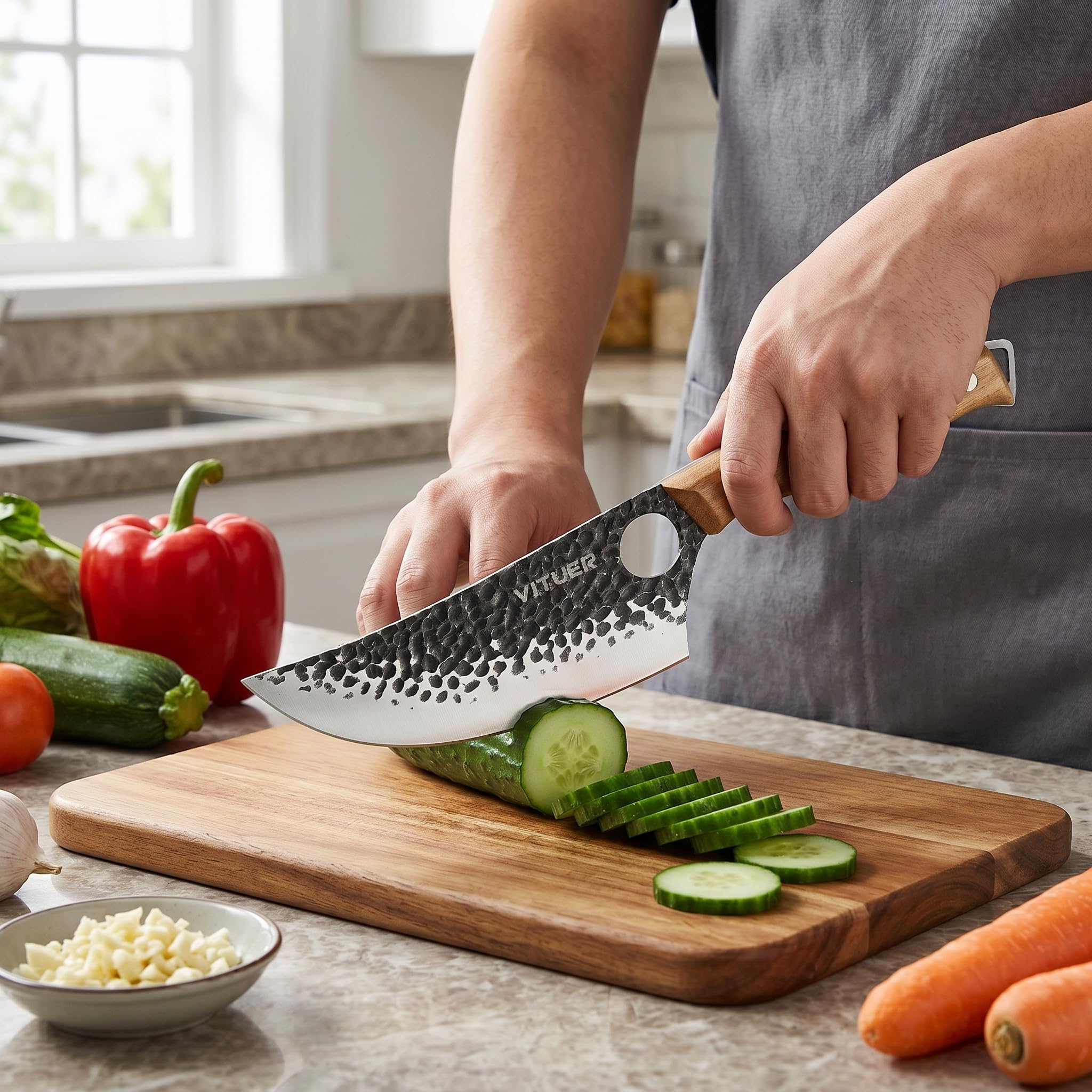 3PCS Butcher Knife Set, Hand Forged 7" Butcher Meat Cleaver, 7" Serbian Chef and 6.5" Viking Knife, Great for Indoor & Outdoor (Stylish Pattern Design) — Amazon image 4