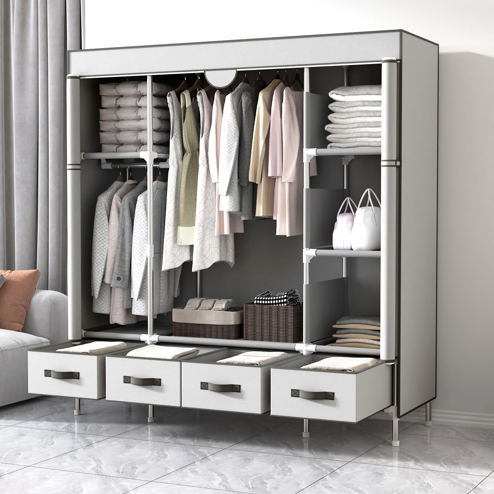 Armario de tela para dormitorio, perchero con cajones, plegable, con 2 barras para colgar ropa, 150 x 45 x 170 cm (blanco gris)