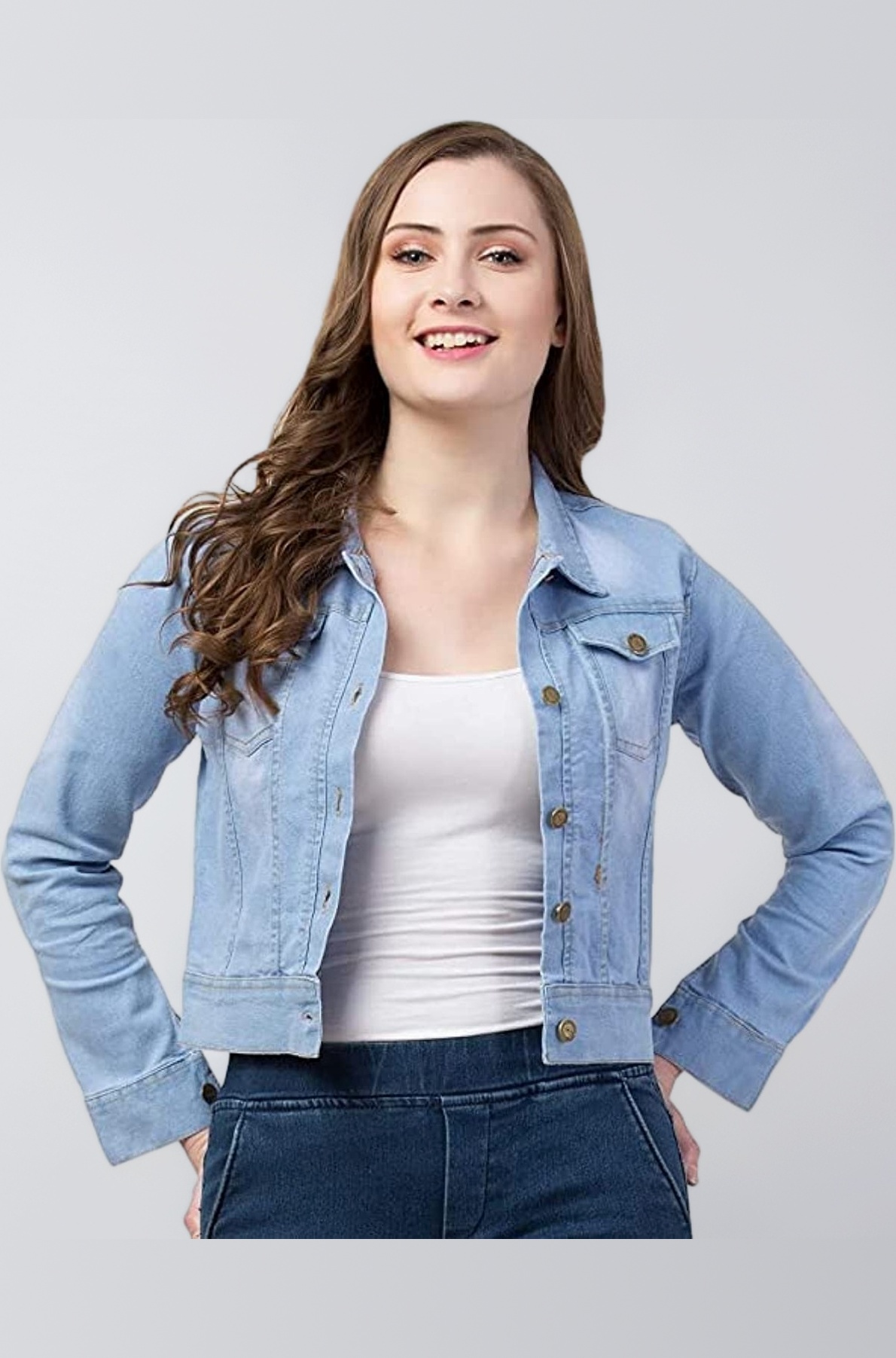 Womens Denim Standard Length Full Sleeve Solid Jacket