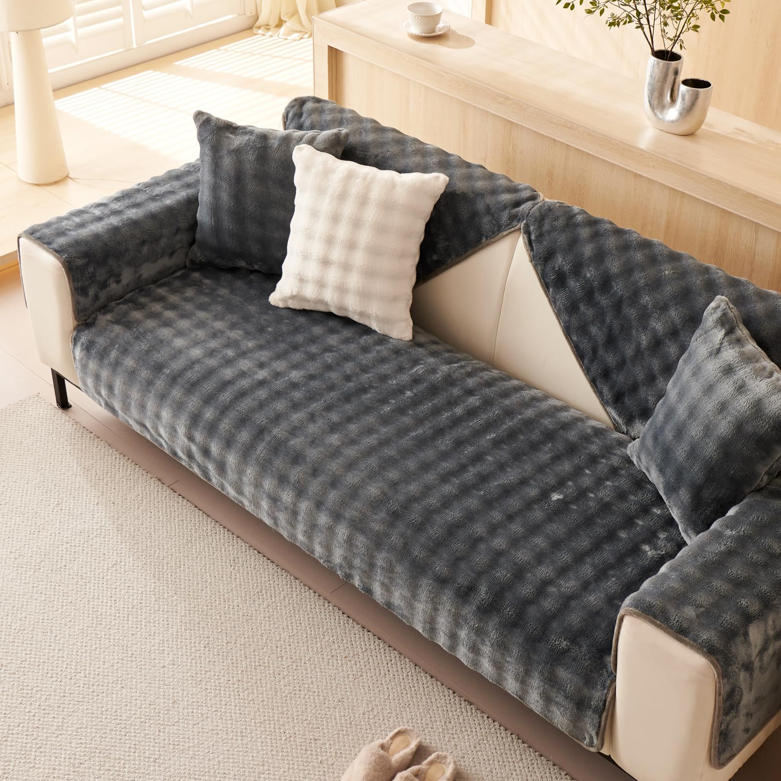 tianxinbaobei Velvet Couch Covers for Sofa Plush Sectional Sofa Covers Washable for Single Cushion Couch,Non-slip Chair Slipcover Sofa Covers for Pet Dog Furniture Protector(1PC,Dark Grey,35"x35") - Image 2