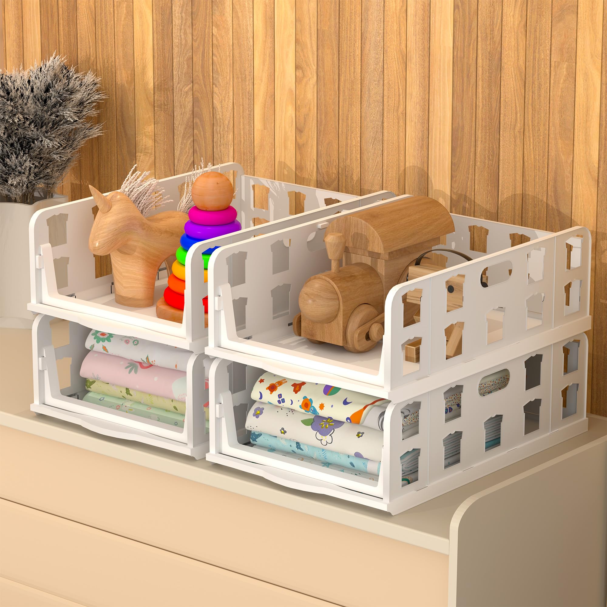 Kuber Industries 4 Pcs (13x11 IN) Foldable & Stackable Plastic Wardrobe Organizer for Storage Clothes | Alimrah Organizer Wardrobe | Ideal Shelf Organiser for Innerwear, Shirt, Socks | White-picture-29