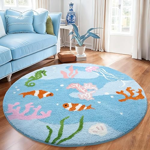 Miniatura 7 de YIHOUSE Alfombra redonda moderna de musgo amarillo, alfombra estética para dormitorio, antideslizante, esponjosa, lavable, para habitación de niños,