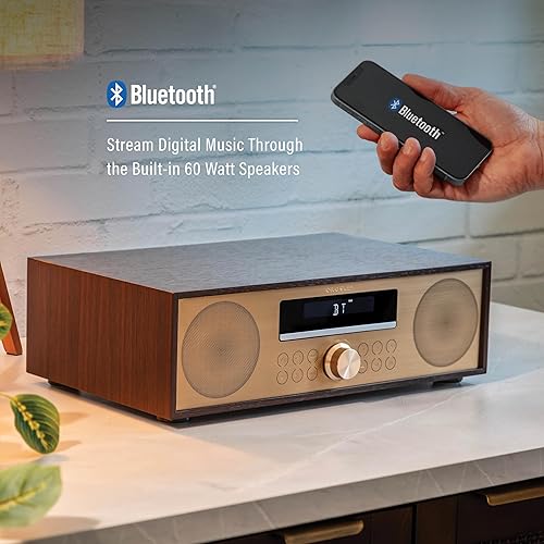 Miniatura 3 de Crosley CR3501A-MA Fleetwood - Reloj despertador retro con radio FM y reproductor de CD con altavoces estéreo Bluetooth, caoba