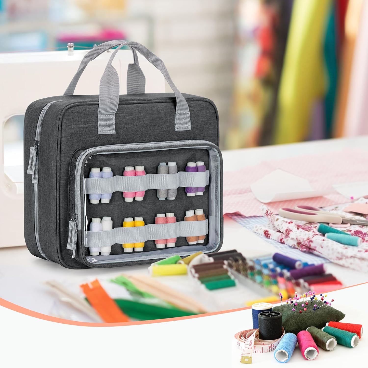 LUXJA Sewing Storage Organizer with Folio Open Design, Sewing Organizer Bag with Versatile Pockets for Sewing Kits, Gray