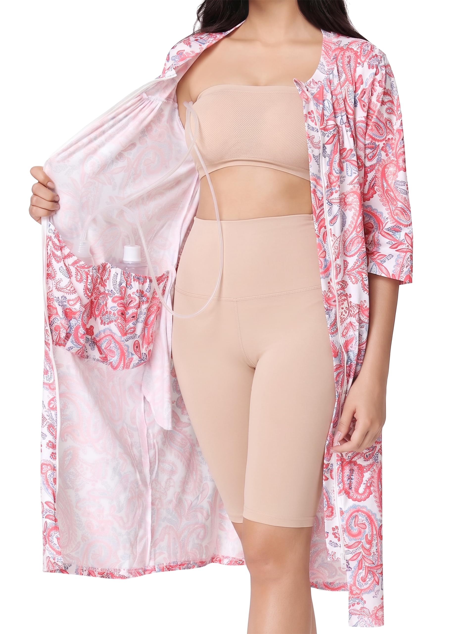 Women's Post Surgery Robe with Drain Pockets Mastectomy Recovery Robe Front Zipper Hospital Gown Pajamas Gift