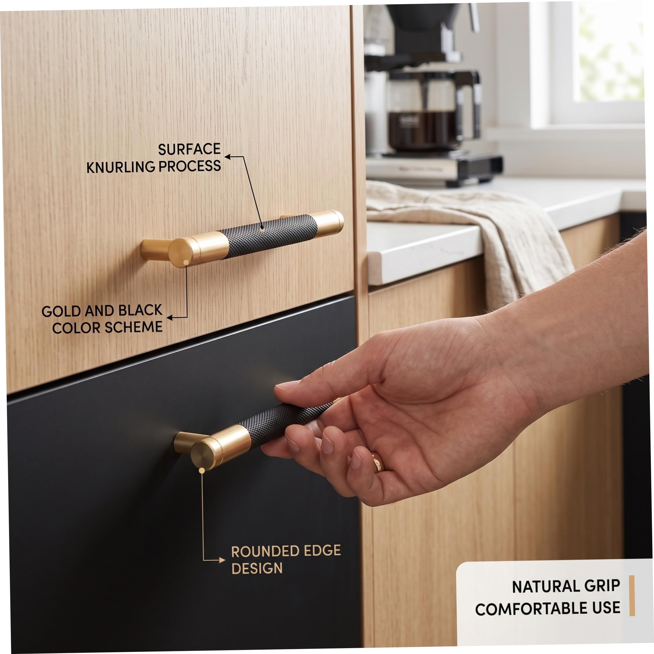 Maniglie da cucina, ferramenta per mobili in alluminio da 12, 7 cm, confezione da 12, nero e oro