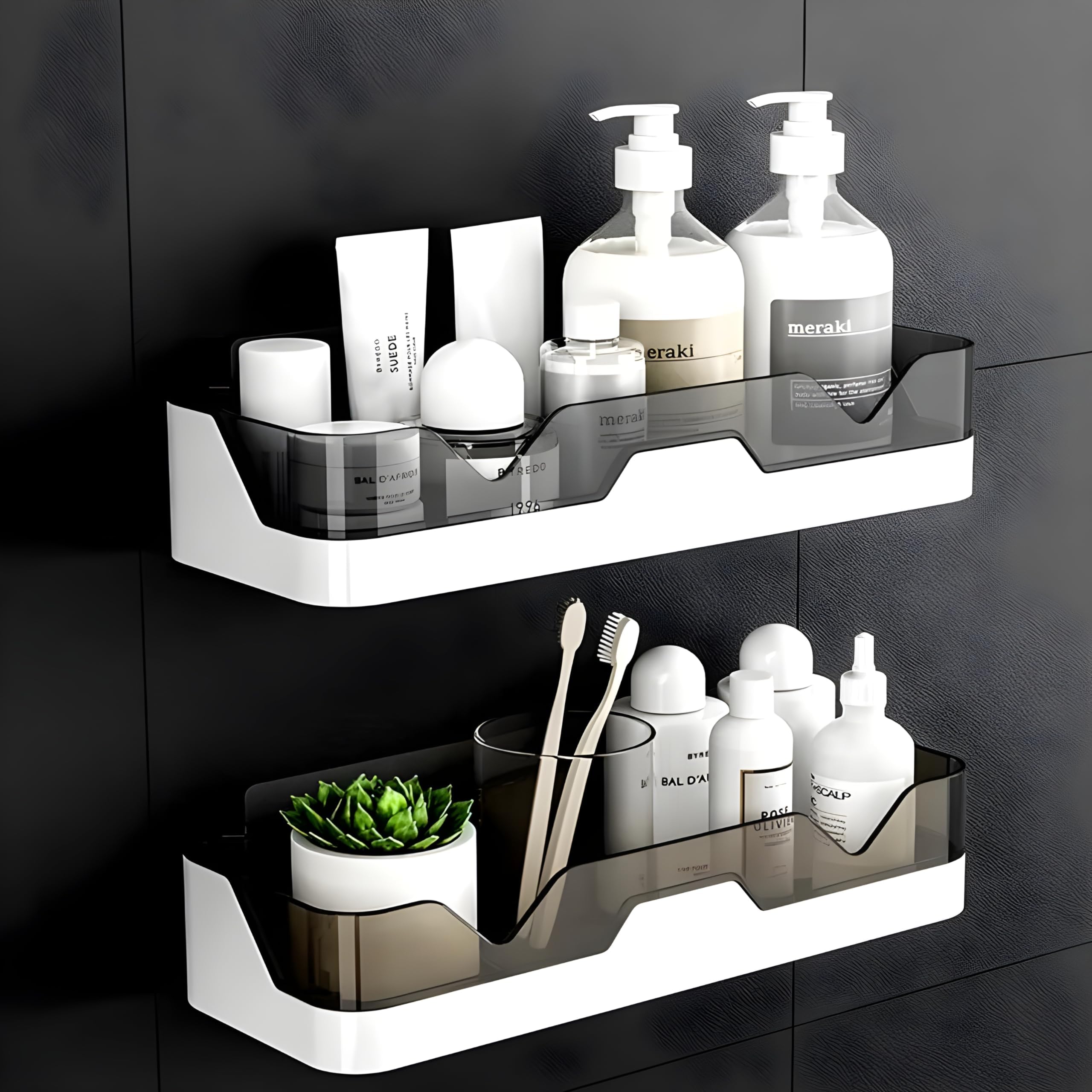Pack of 2 Self-Adhesive Plastic Bathroom Rack, Bathroom Shelf Organizer, Wall Mounted Shelf, Bathroom Accessories, Storage Racks Kitchen Bathroom Accessories Shelf, White & Black-picture-48