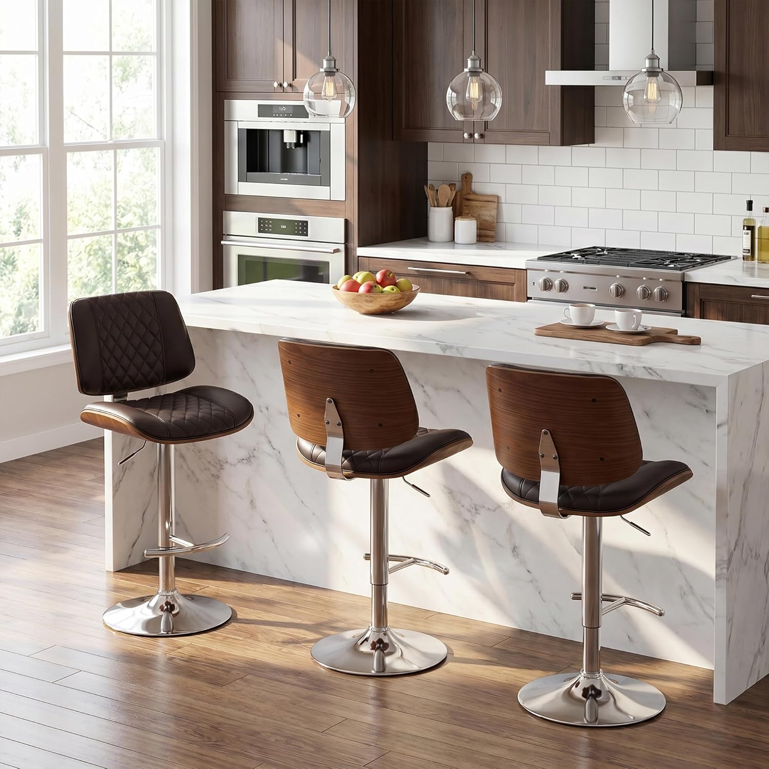 24" Bar Stools, Adjustable Swivel Counter Height Barstools with Bentwood Backs & Footrest, PU Leather Upholstered Bar Chairs for Kitchen Island, Dining Room, Cafe (PU Brown, Set of 3)