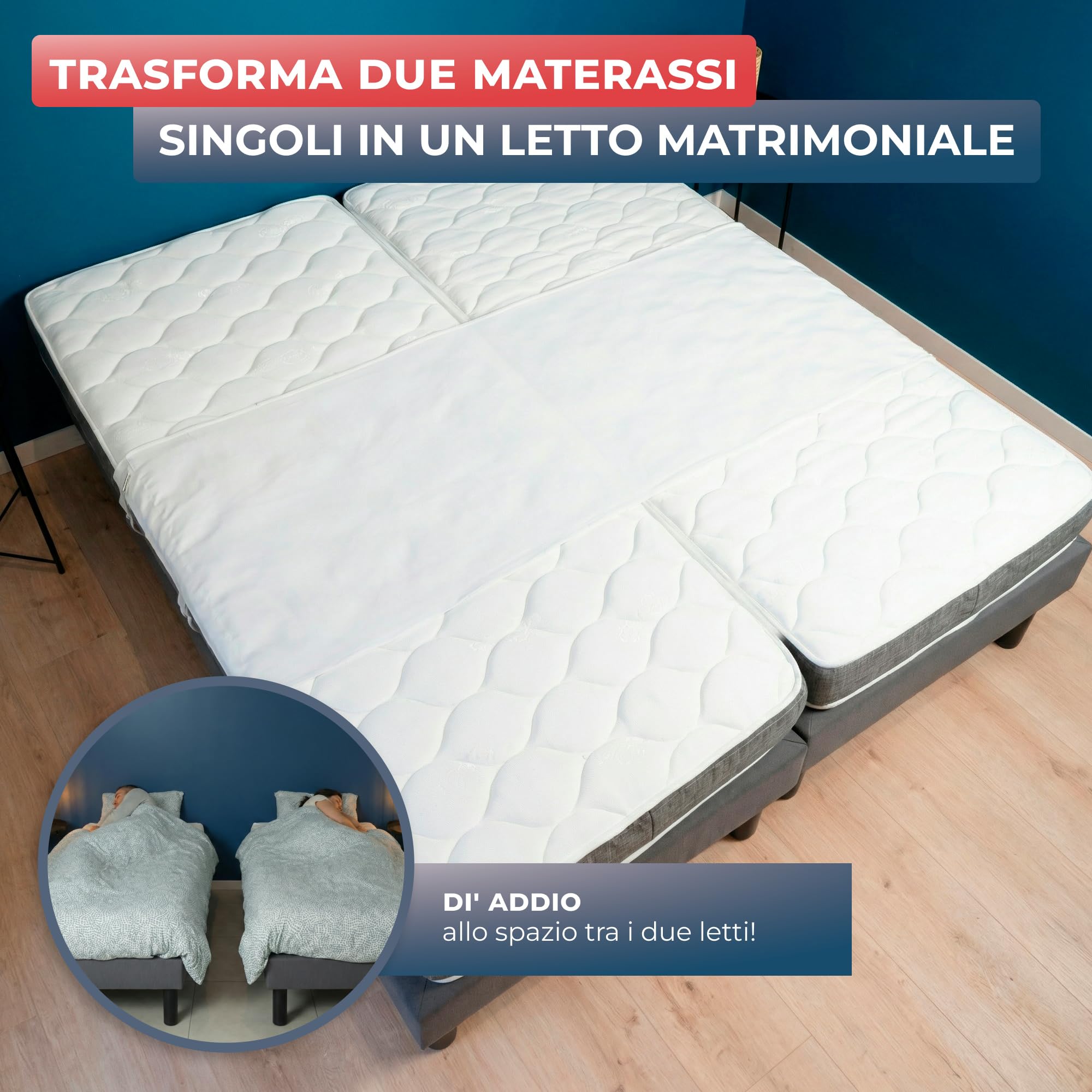 Wrappybag Unisci Materassi Singoli in Matrimoniale - Fascia Unisci Materassi - per Unire Due Letti Singoli Senza Sforzo - Tessuto Oeko-Tex Traspirante - Installazione Facile e Veloce