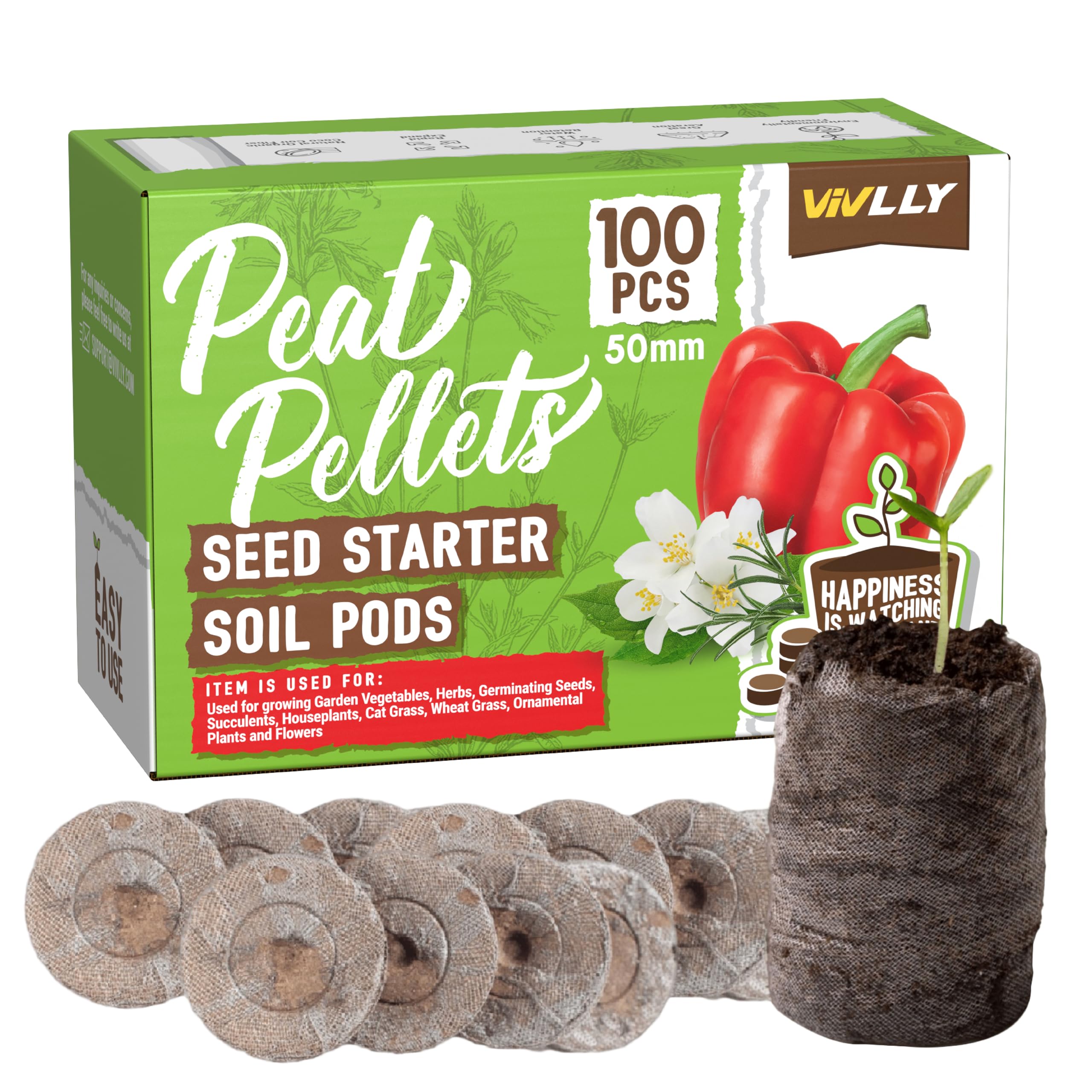 Peat Pellets - 100pcs 50mm, Seed Starter Pods for Planting Flowers Herbs Vegetables &amp; Bonsai - Compressed Peat Moss for Indoor/Outdoor Gardening Avoid Root Shock Natural Potting Soil