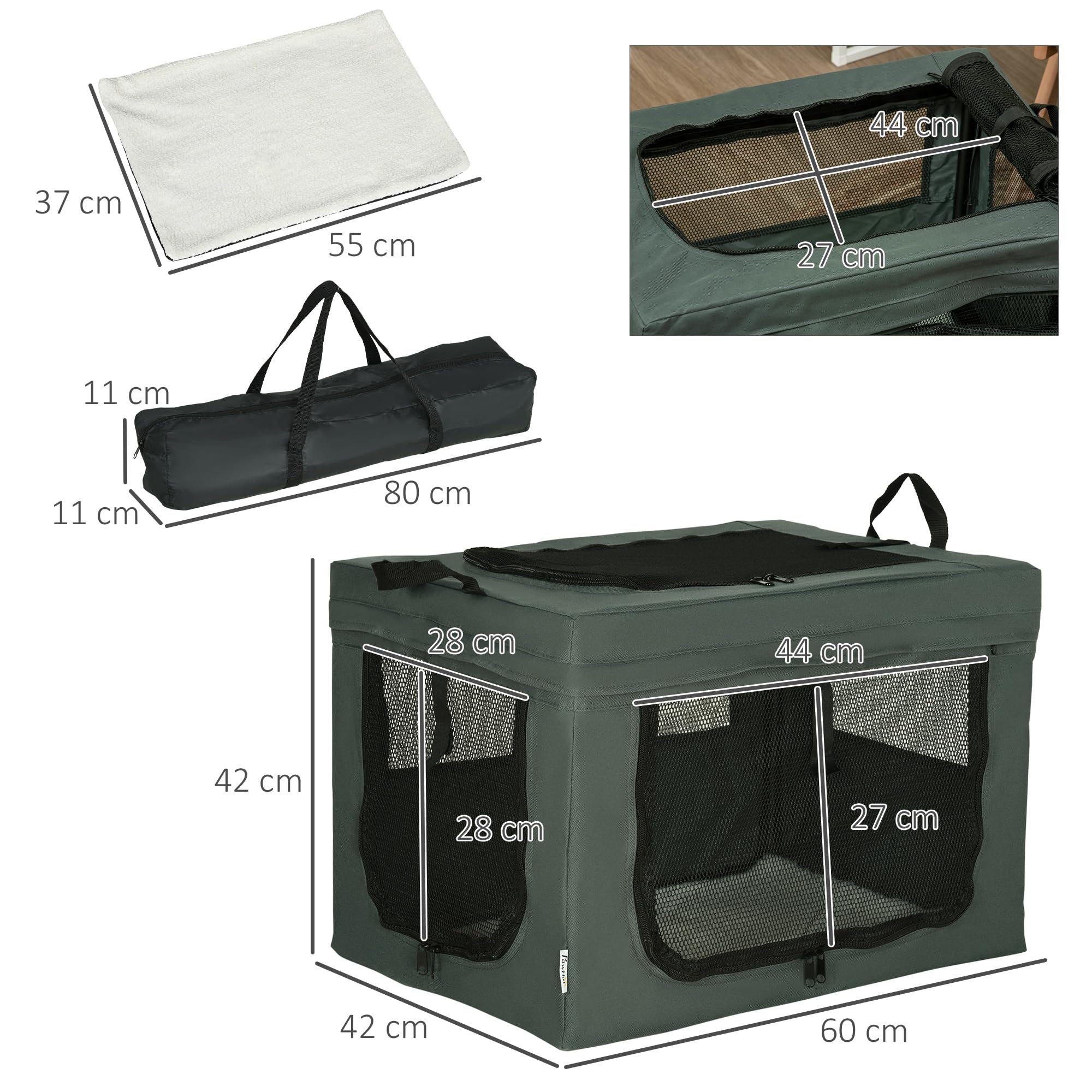 PawHut Hundetasche Hundebox mit Meshfenster, 60 x 42 x 42 cm Katzentransportbox mit Kissen, Griffen, Transportbox, Transporttasche für Hunde bis 4 kg, Oxford, Grau