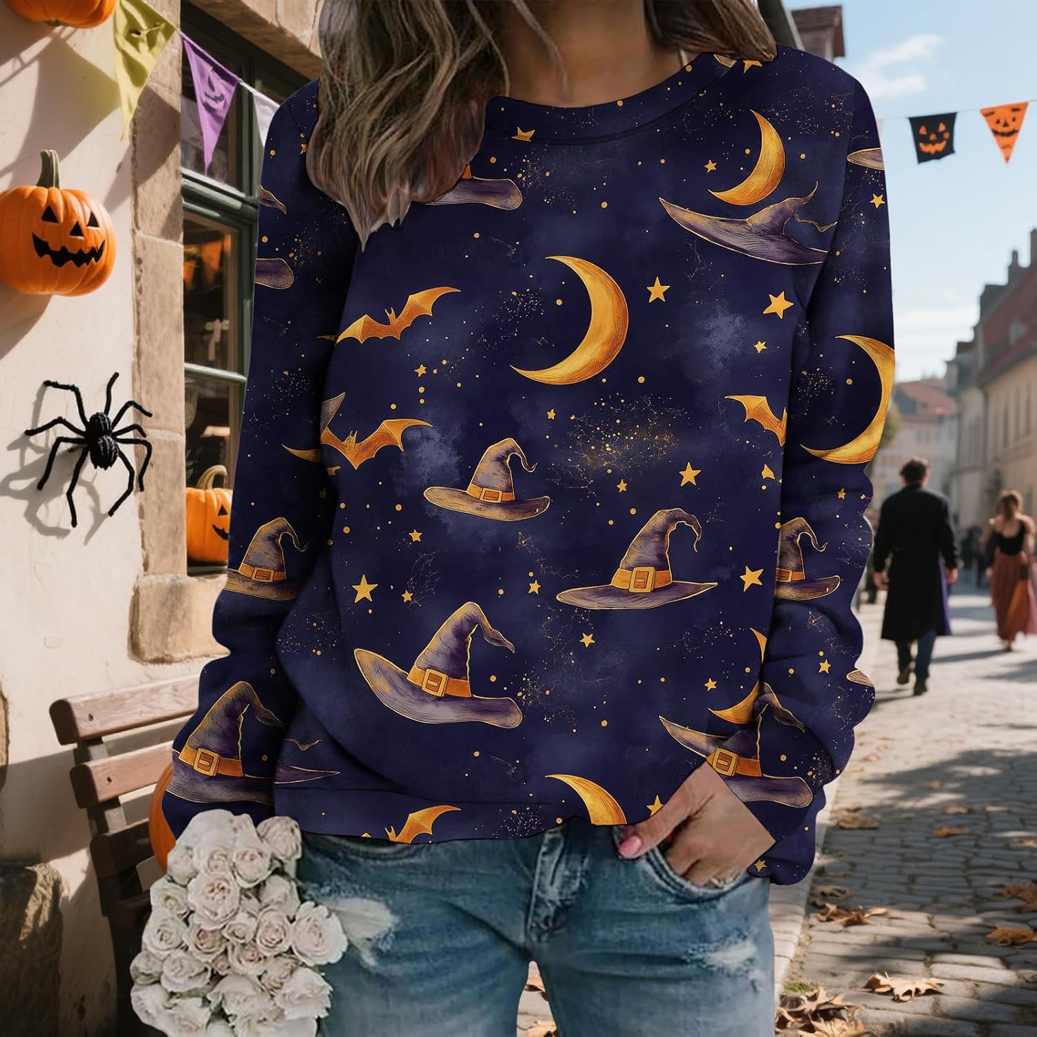 LIZALIG Pullover Cute Sweatshirt Orange Skeleton Fall Festive FunWomens Design Bat Holiday Party Outings Pumpkin Print - Image 2