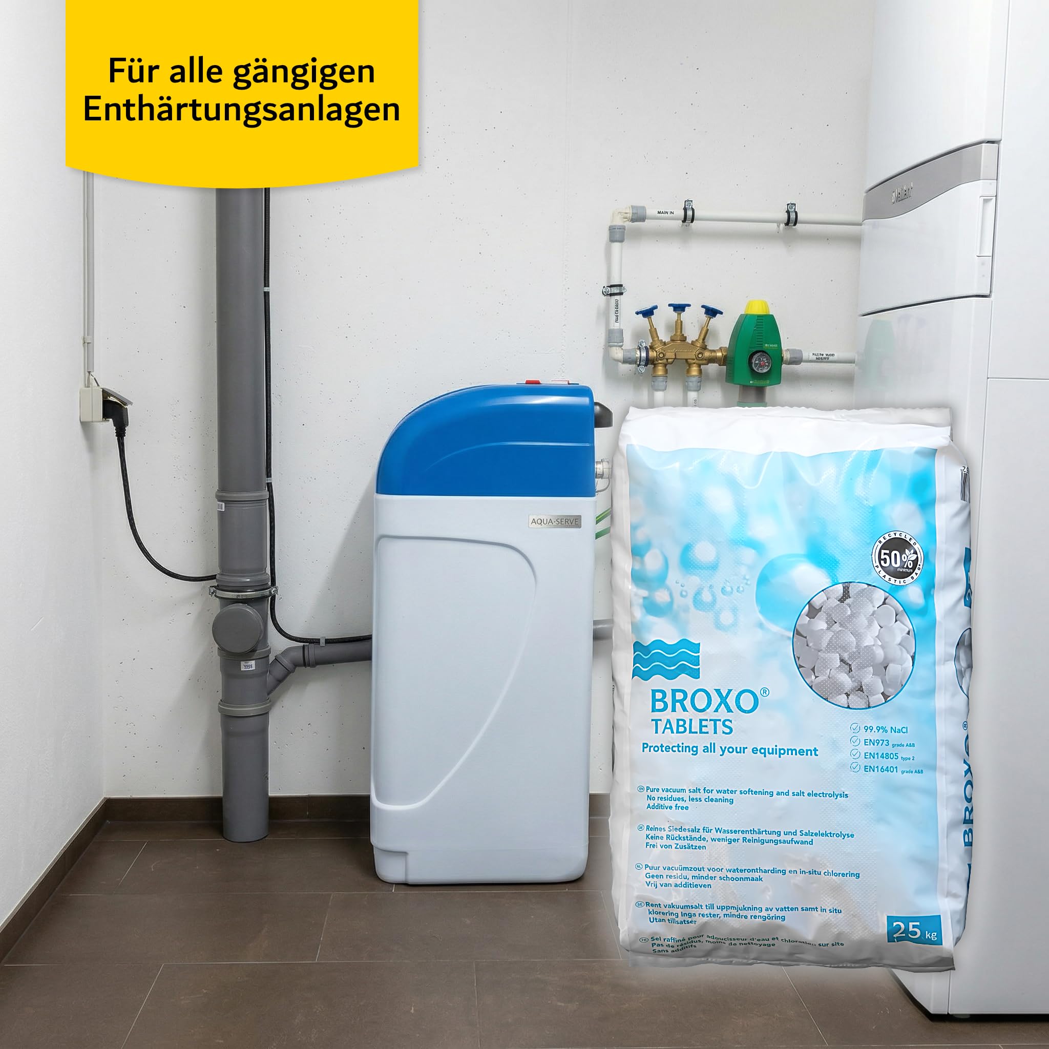 BROXO® Tablets Regeneriersalz, Siedesalztabletten für Wasserenthärtungsanlagen, 99,9% NaCl, 25 kg