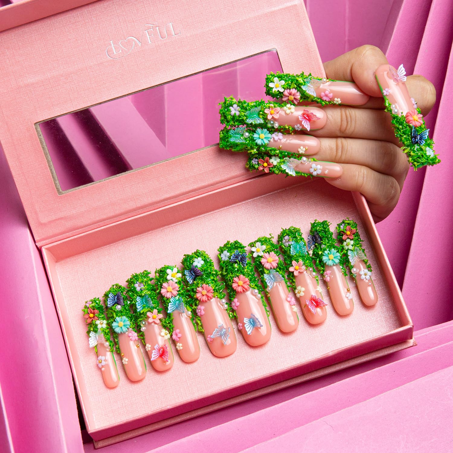 LOVFUL Press on Nails Fairy Tale Garden| Handmade with Full Covered Crystals | Reusable Fake Nails | Square Long 2.2 in | H151-L