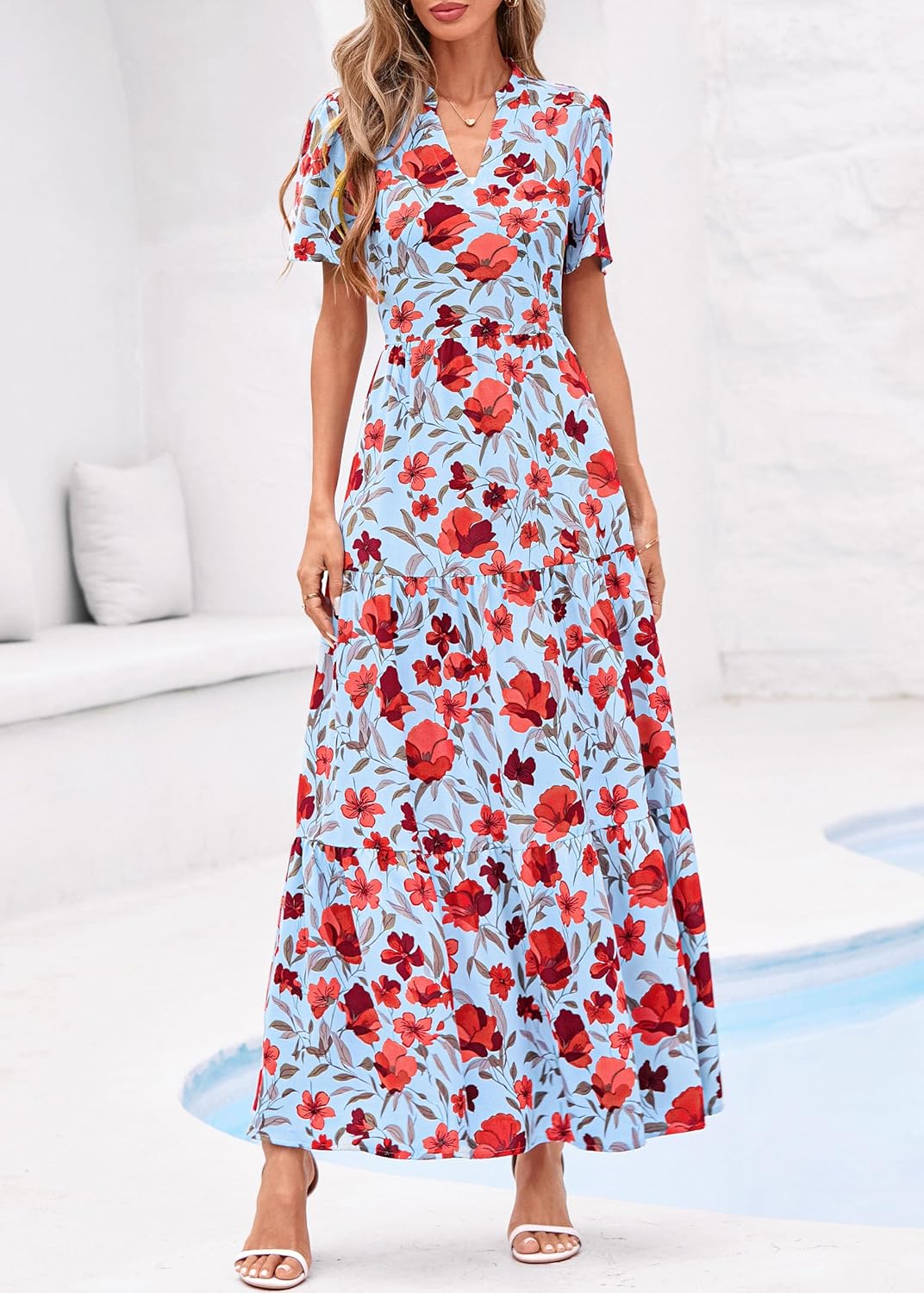 KIRUNDO Womens Summer Floral Maxi Dress Short Sleeve V Neck Boho Long Flowy Casual A Line Dresses 2026 Beach Vacation Outfits
