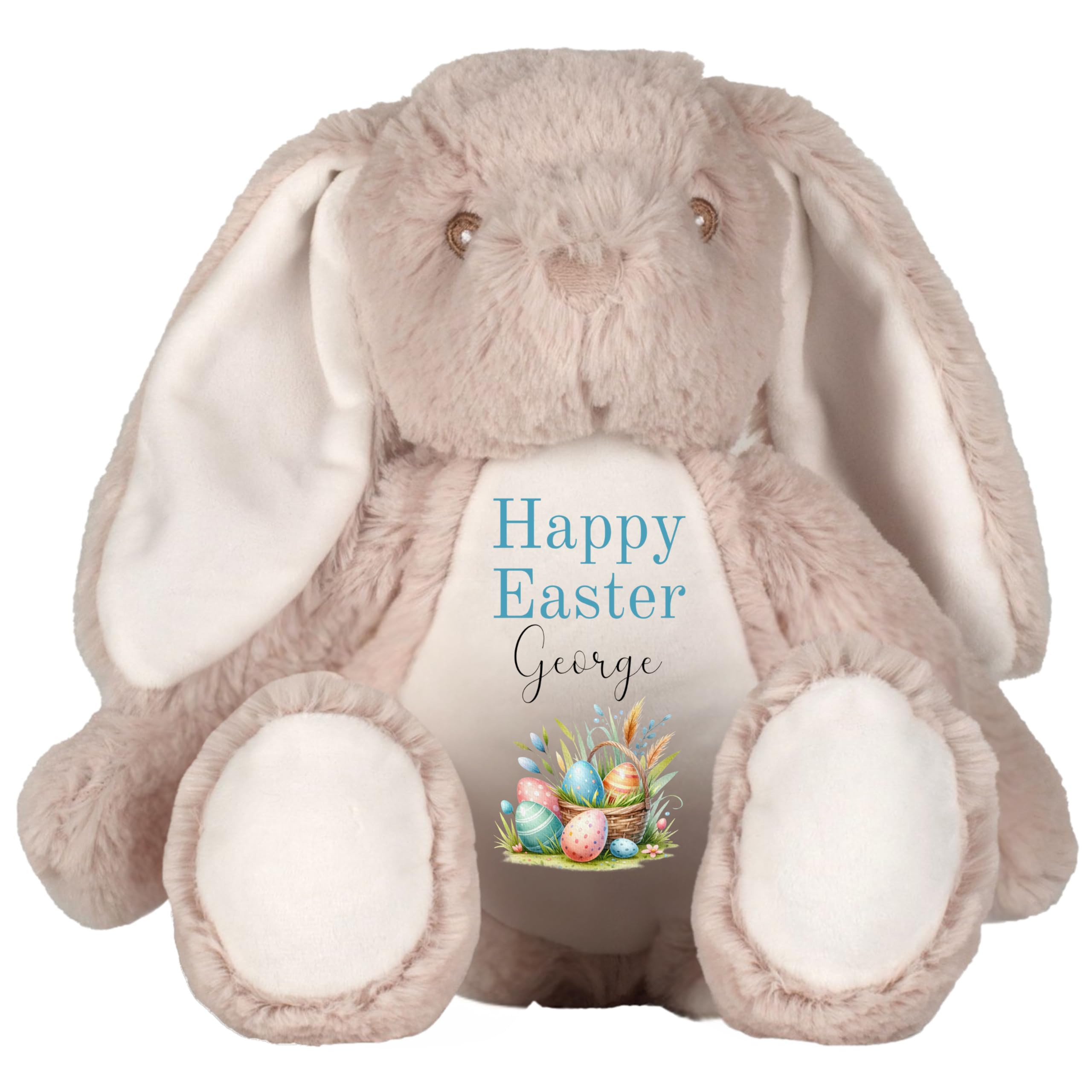 HotScamp Personalised Easter Bunny with Name - Happy Easter Egg Basket Blue - Soft Toy for Baby, Toddler, Child, Kids, Babies Spring Time - Blue Letter Brown Bunny