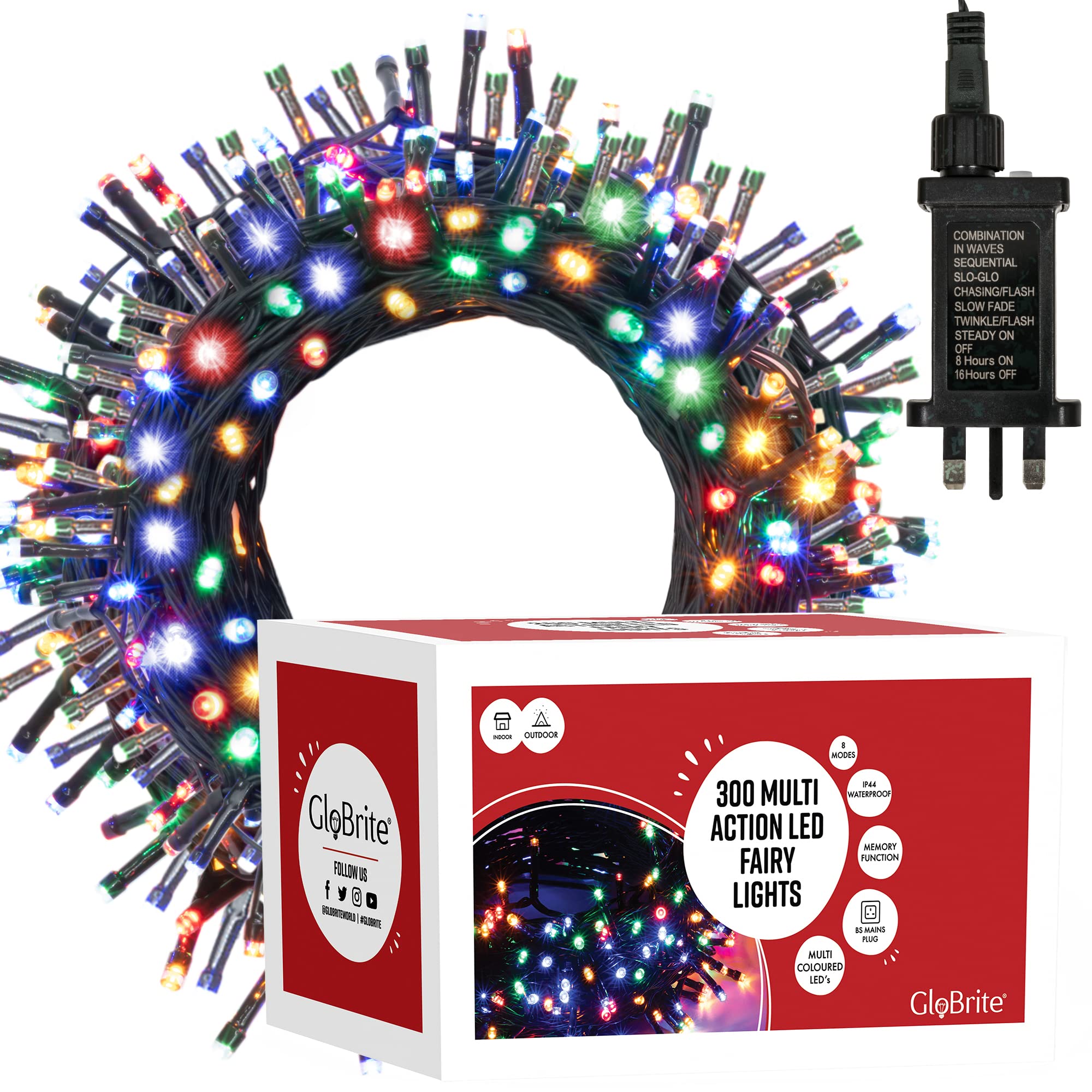 Globrite Multi Coloured 300 Led Fairy Lights - Versatile Christmas Lights With 8 Modes, Outdoor Fairy Lights, Christmas Tree Lights And Christmas Decorations - Waterproof Christmas Lights Outdoor - Multi-Coloured