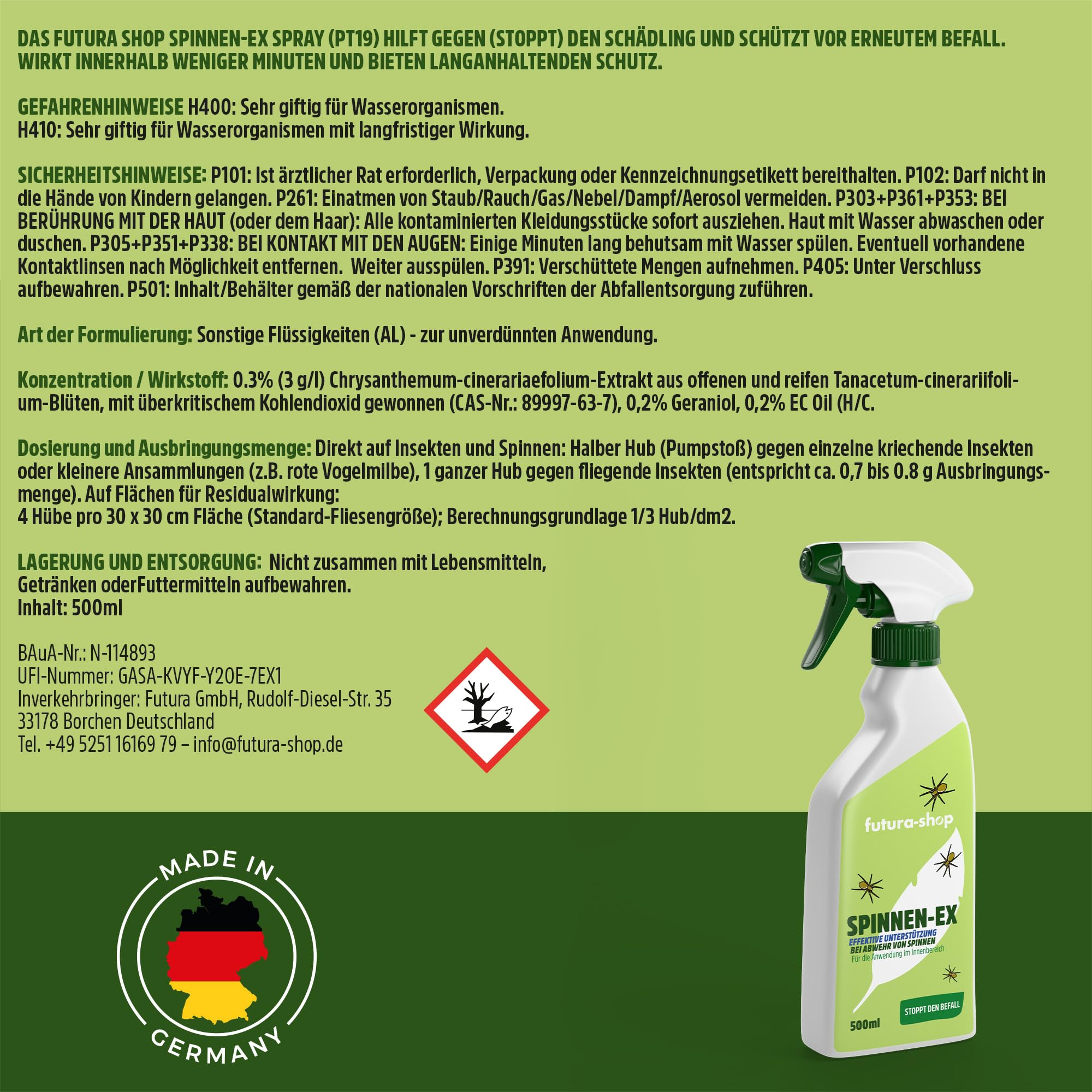 Spinnen Spray 500 ml - Effektive Spinnenabwehr - Abwehrspray mit Langzeitwirkung als Alternative zur Spinnenfalle - Anti-Spinnenspray für Innen & Außenbereich