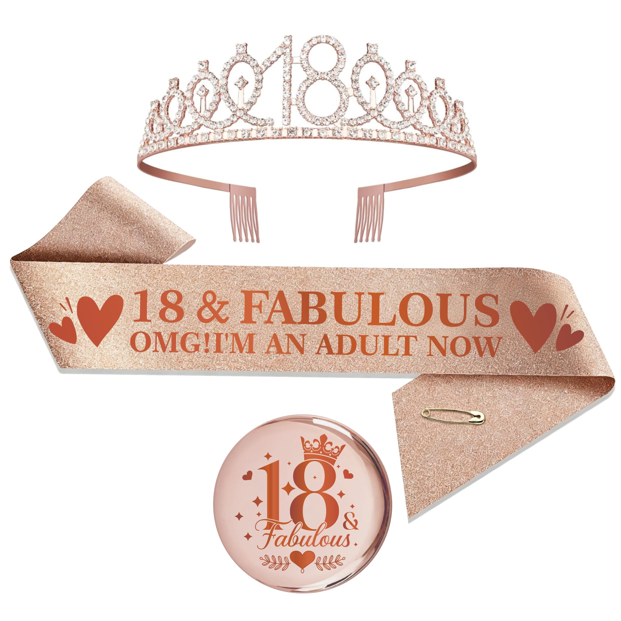 Yiiyyuuko 18th Birthday Decoration Sash Girl - 3 Stück Roségold OMG! I'M AN ADULT NOW Sash Rhinestone Tiara 18 Birthday Rhinestone 18 & FABULOUS to Perfection Badge for Girls Bday Party Supplies