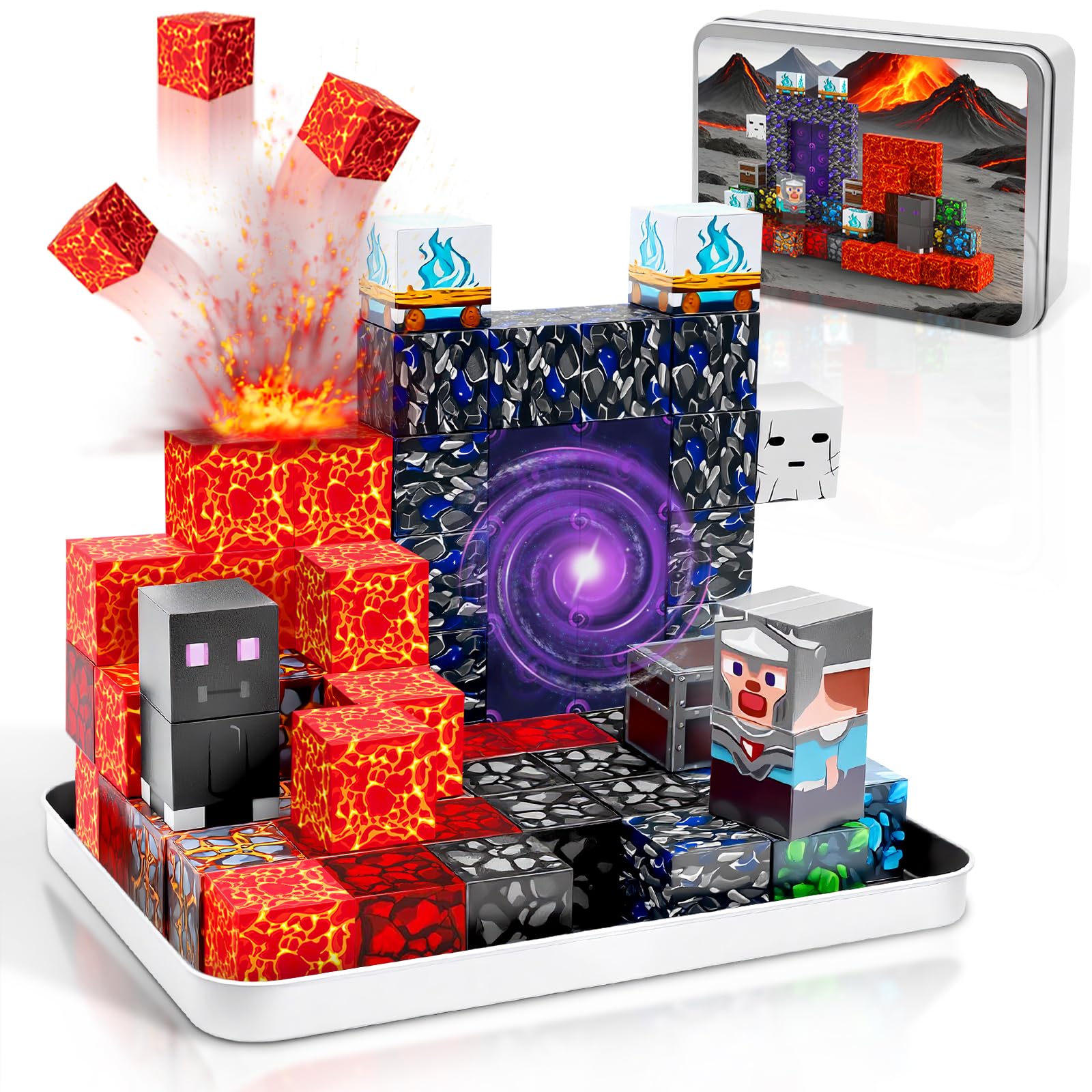 70 piezas de bloques de construcción magnéticos, juguetes de viaje para niños de 4 a 8 años, mini bloques magnéticos de portal de lava con caja de almacenamiento de hierro, cubos magnéticos portátiles