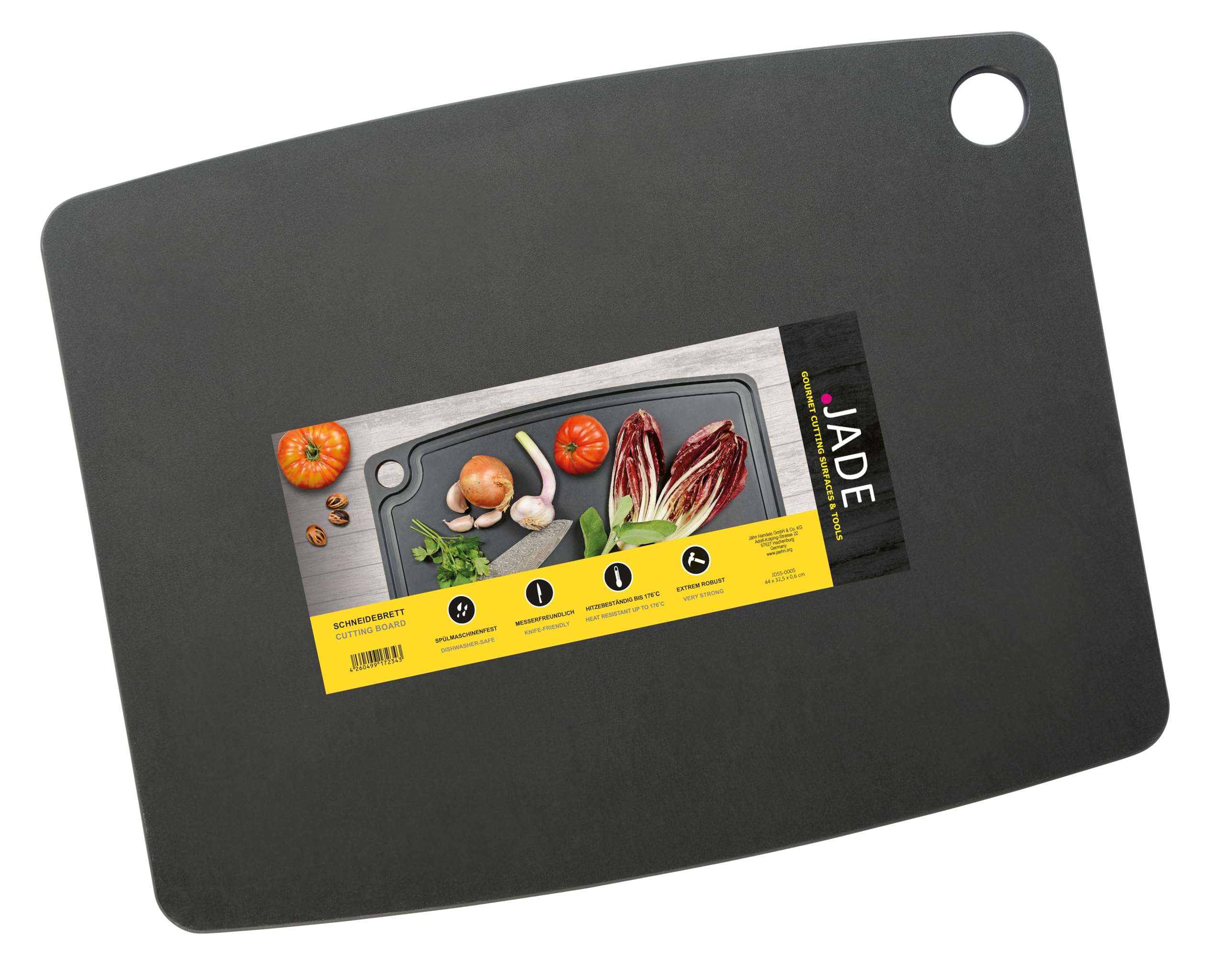 JADE Gourmet Kitchen - Tabla de cortar de fibra de madera laminada, 44 x 32,5 x 0,6 cm, con orificio para colgar, apta para todos los alimentos, apta para lavavajillas (44 x 32,5 cm)