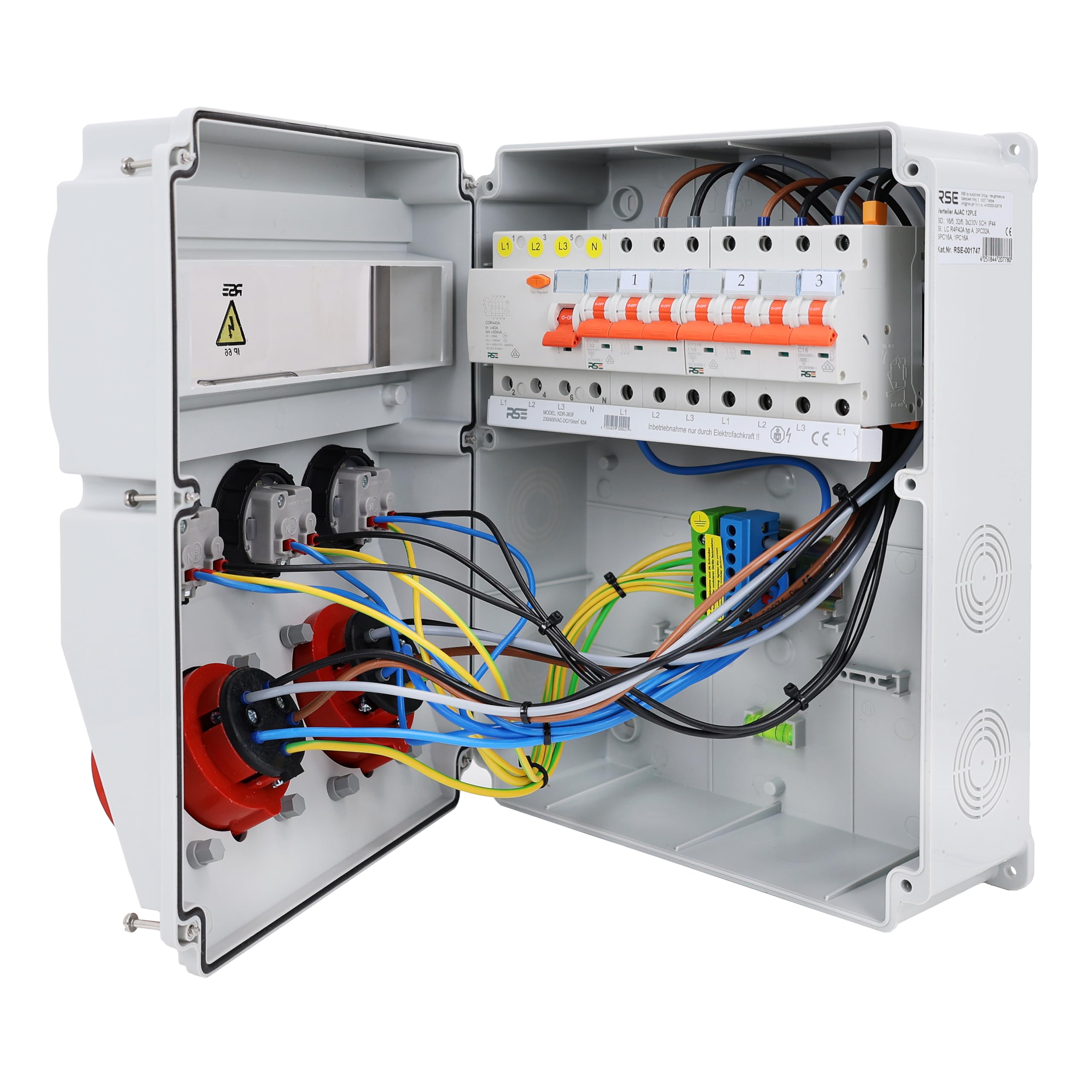 Distribuidor de corriente de pared totalmente cableado 32A 16A 230V con enchufe CEE IP65, 9. 1 x 32 A, 1 x 16 A, 3 x 230 con LS+FI