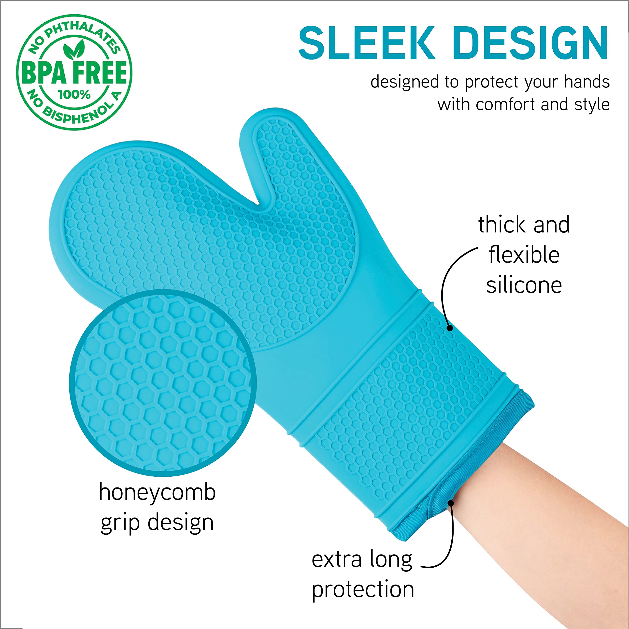 Cook with Color Silikon-Ofenhandschuhe, hitzebeständige Handschuhe mit weichem gestepptem Futter, Topflappen zum Kochen und Grillen, Blaugrün, Handschuh-Set