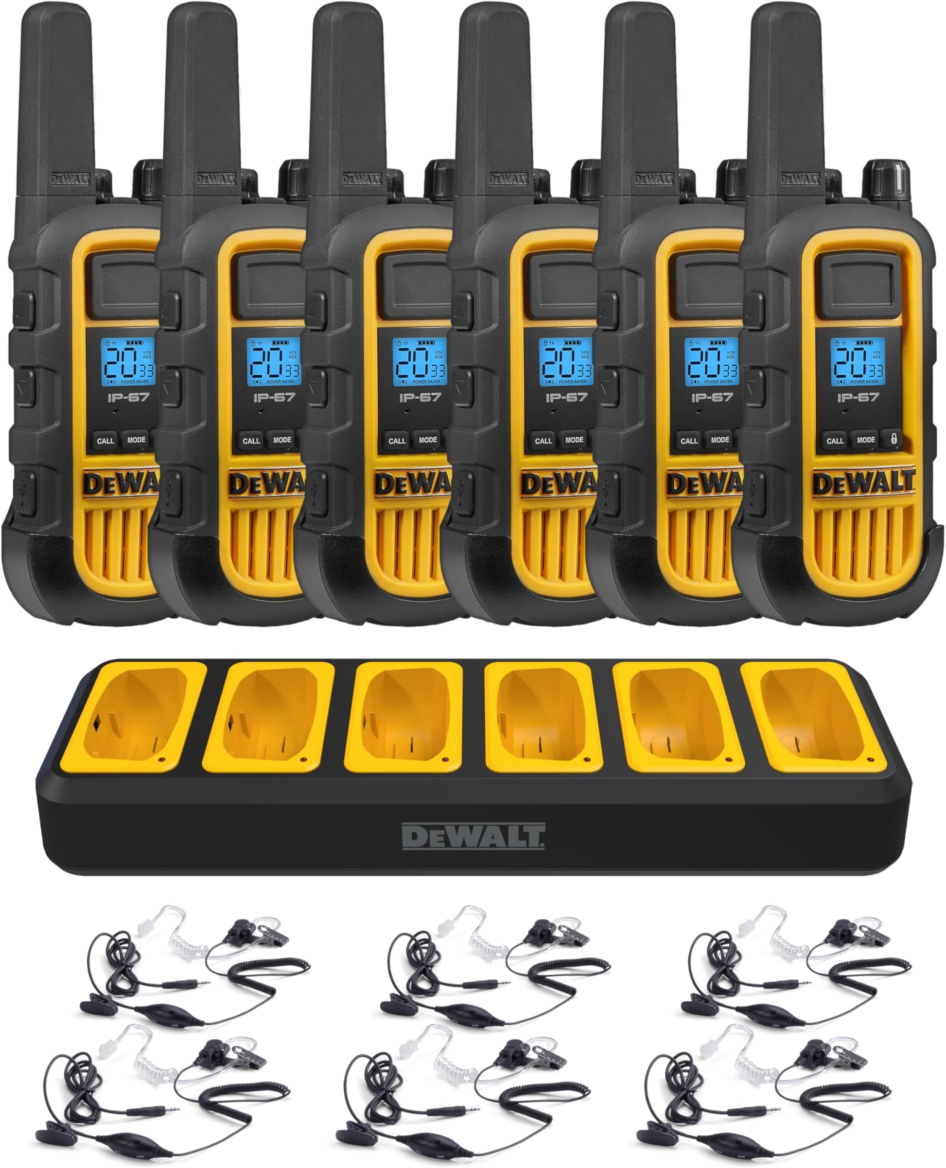 DXFRS800 FRS Walkie Talkies, Long Range 2 Way Radio, 2W, IP67 Waterproof, 6 Pack with 6 Headsets, Gang Charger, DXFRS800BCH6-SV1