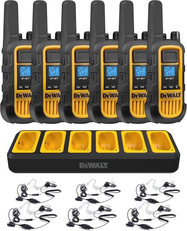 DEWALT DXFRS800 FRS Walkie Talkies, Long Range 2 Way Radio, 2W, IP67 Waterproof, 6 Pack with 6 Headsets, Gang Charger, DXFRS800BCH6-SV1