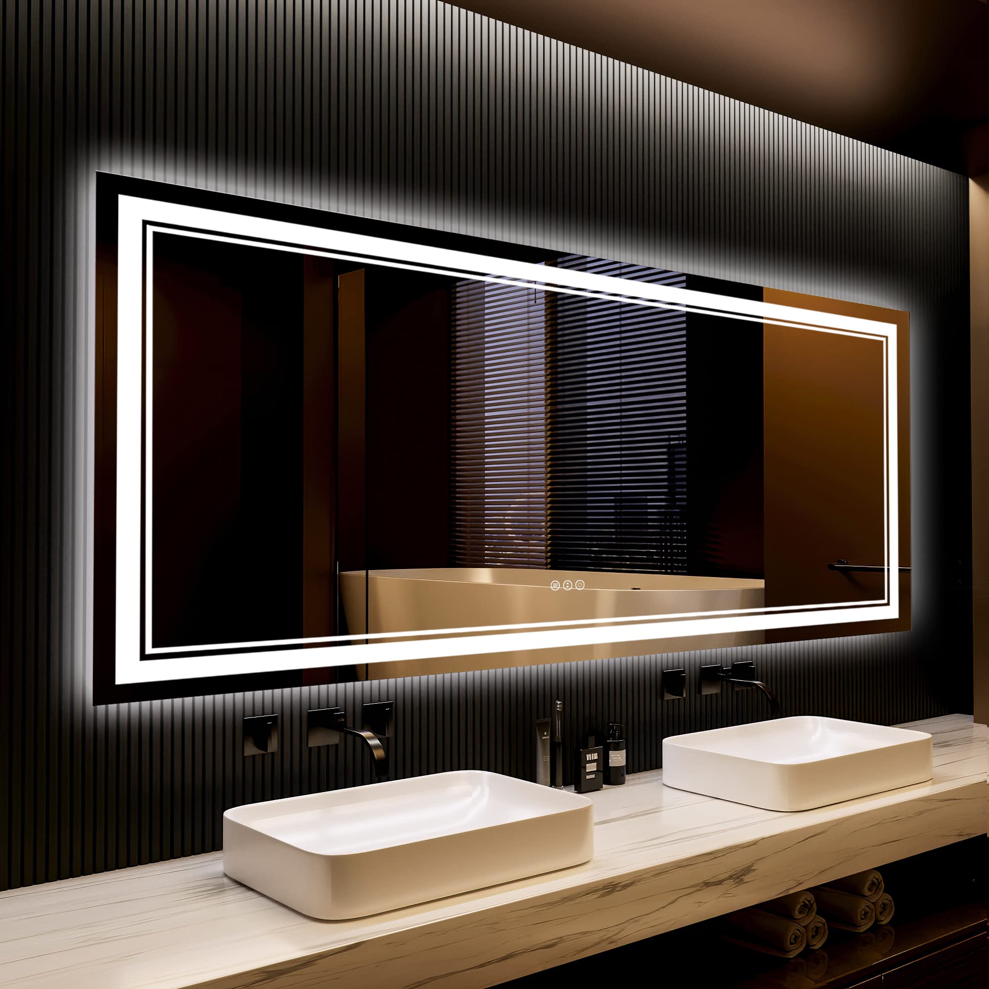 Awandee LED Mirror for Bathroom 84 x 32 with Front and Backlit, 3 Colors Stepless Dimming Lighted Vanity Mirror, Large Anti-Fog Bathroom Mirror with Lights, Memory, Touch Switch(Horizontal/Vertical)