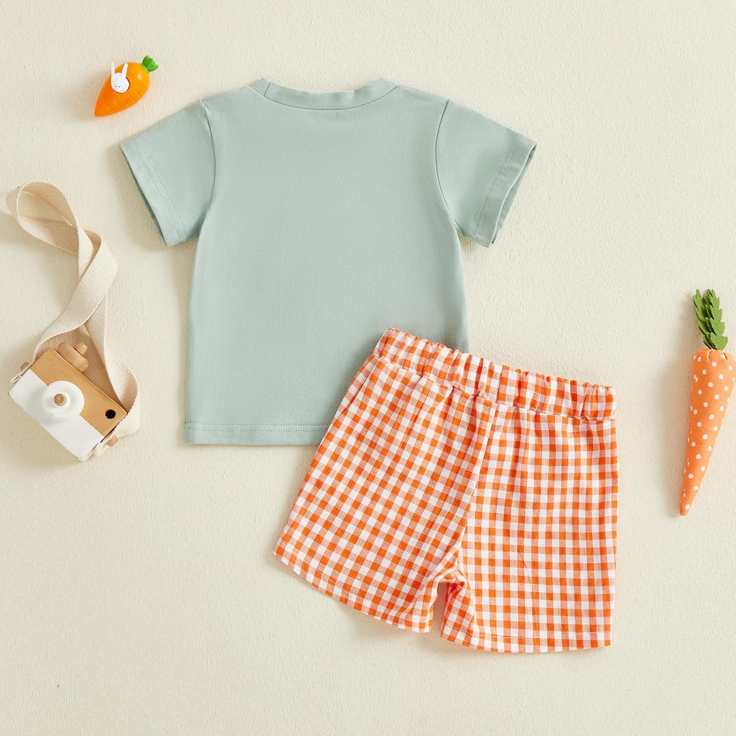 Toddler Baby Boy Easter Outfit Bunny Carrot Embroidery Short Sleeve T Shirt Tops Plaid/Striped Shorts Set - Image 7