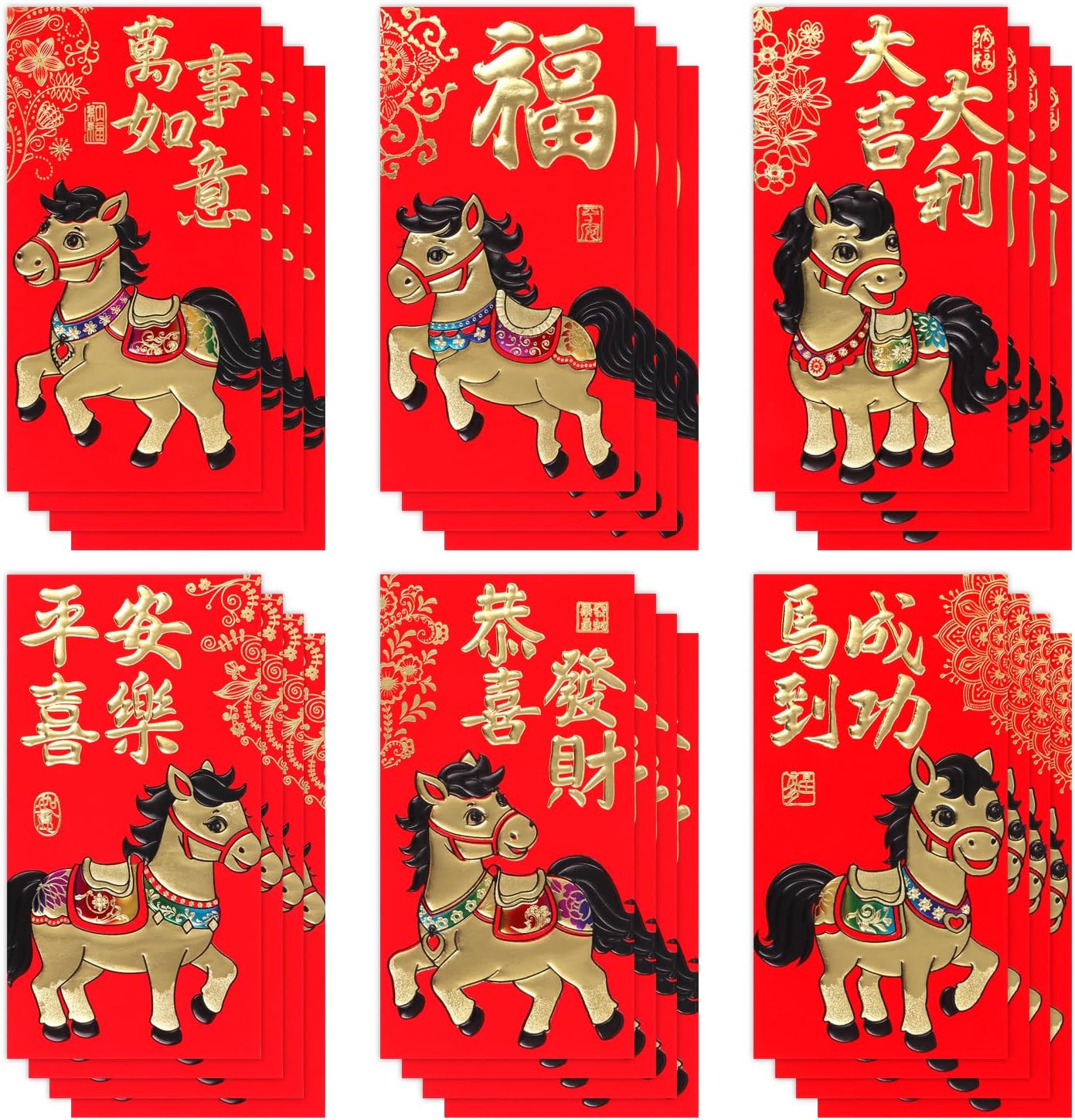 Chinese Red Envelopes 2026,Chinese New Year Red Envelope Large Lucky Money Envelope Lunar Horse Year Hong Bao with Gold Foil Embossed Pattern and Greetings for Spring Festival,24Pcs