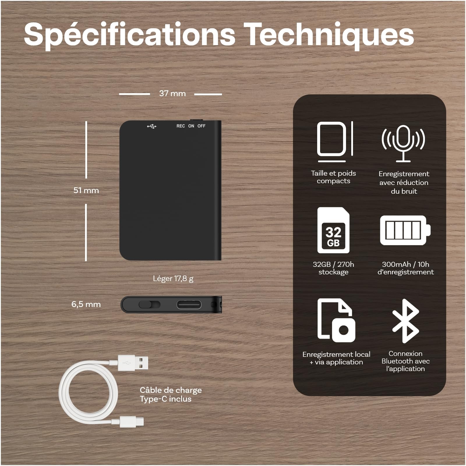 Enregistreur Vocal IA 32 Go par MMOBIEL – Dictaphone Numérique avec Contrôle par App, Transcription & Résumé IA, Traduction en Temps Réel, Bluetooth, Fonction Mindmap pour Réunions, Appels, Cours