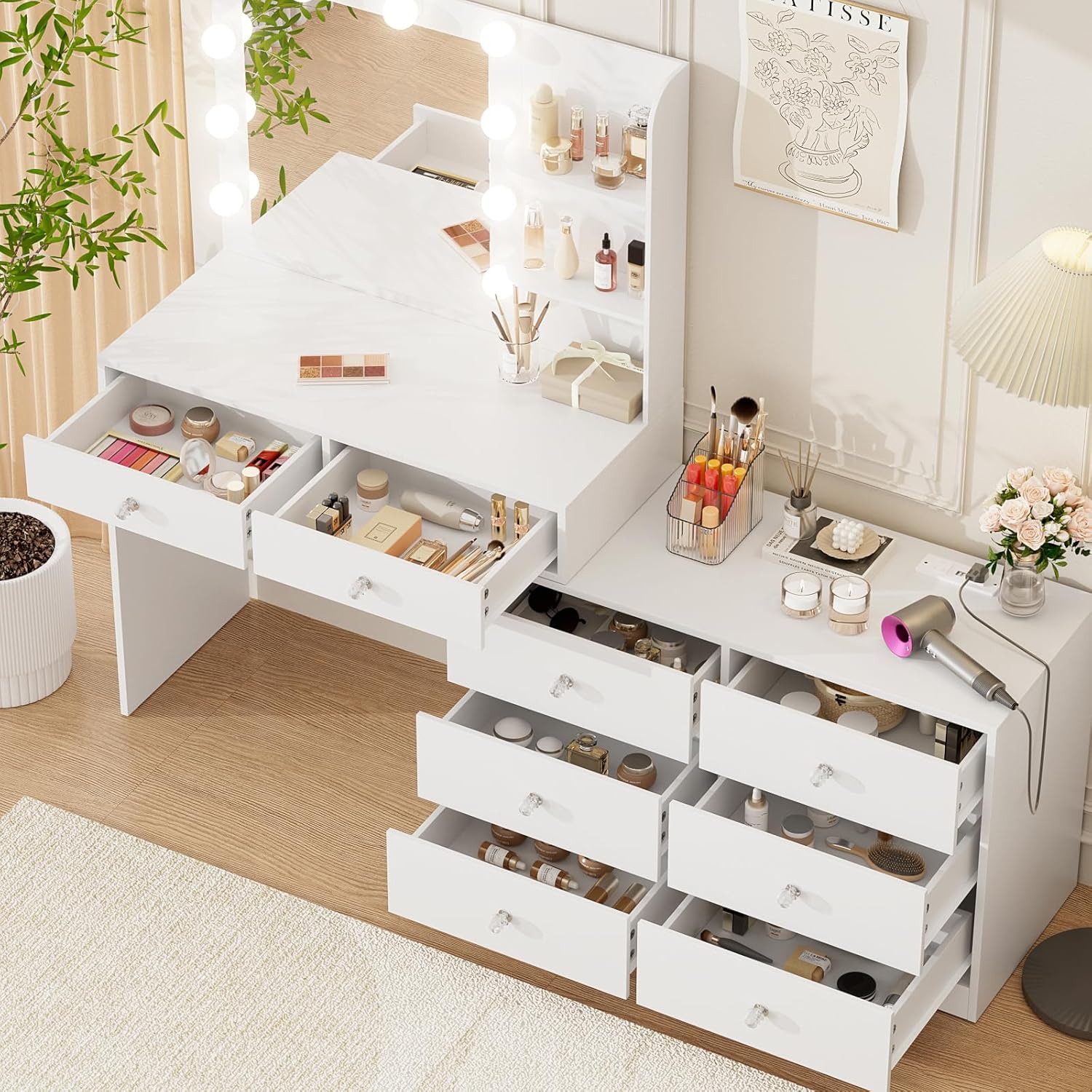 VOWNER 47" Lighted Vanity with Outlet - Makeup Vanity Desk with 8 Drawers, 3 Storage Shelves and Morrior, 3 Color Dimming Lighting, Makeup Desk with 6-Drawer Chest for Bedroom, White (No Stool)