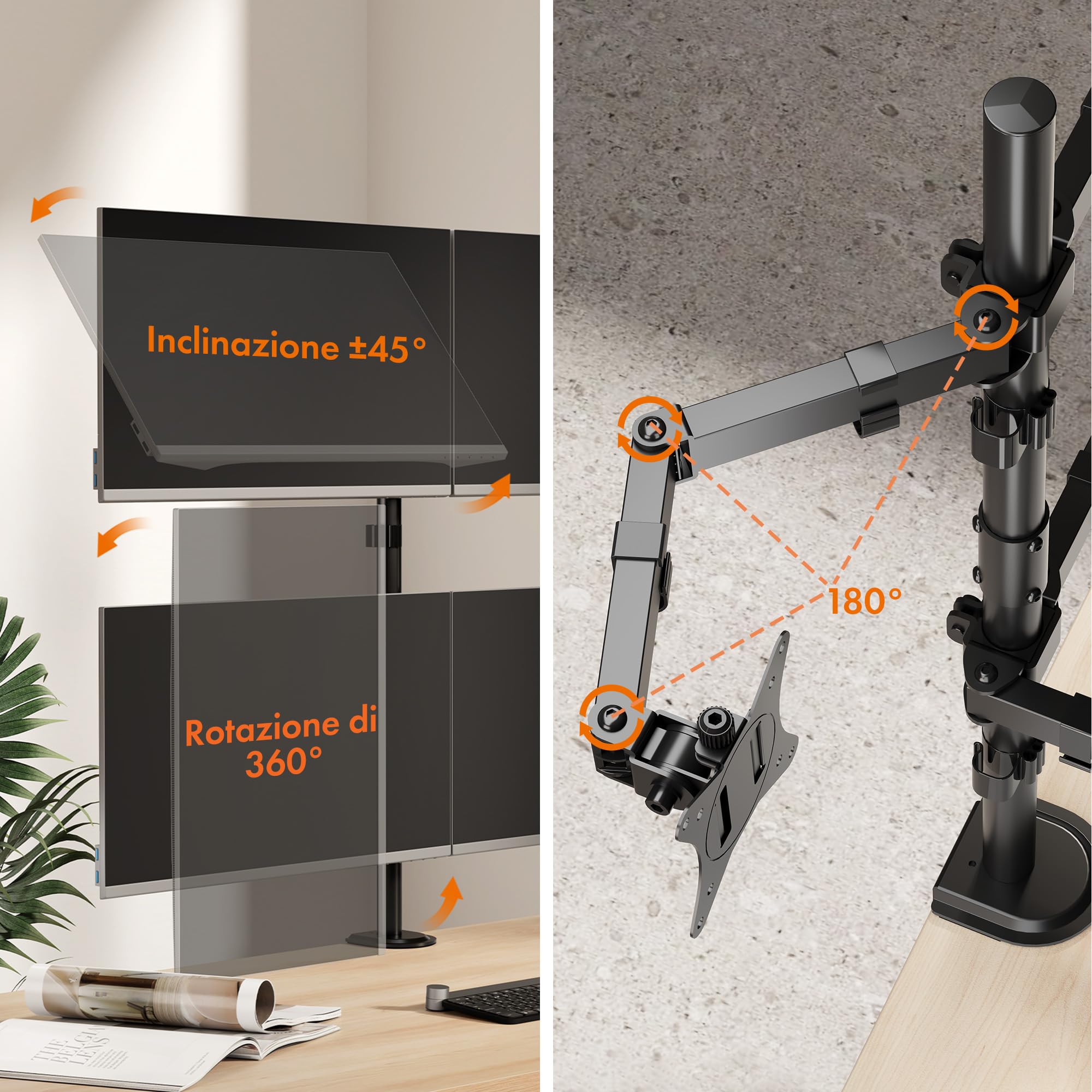 VonHaus Supporto Monitor Scrivania 13-32", Supporto Monitor per Quattro Schermi, Altezza Regolabile, Facile da Assemblare - Braccio VESA 75x75 & 100x100mm, Rotante e Inclinabile