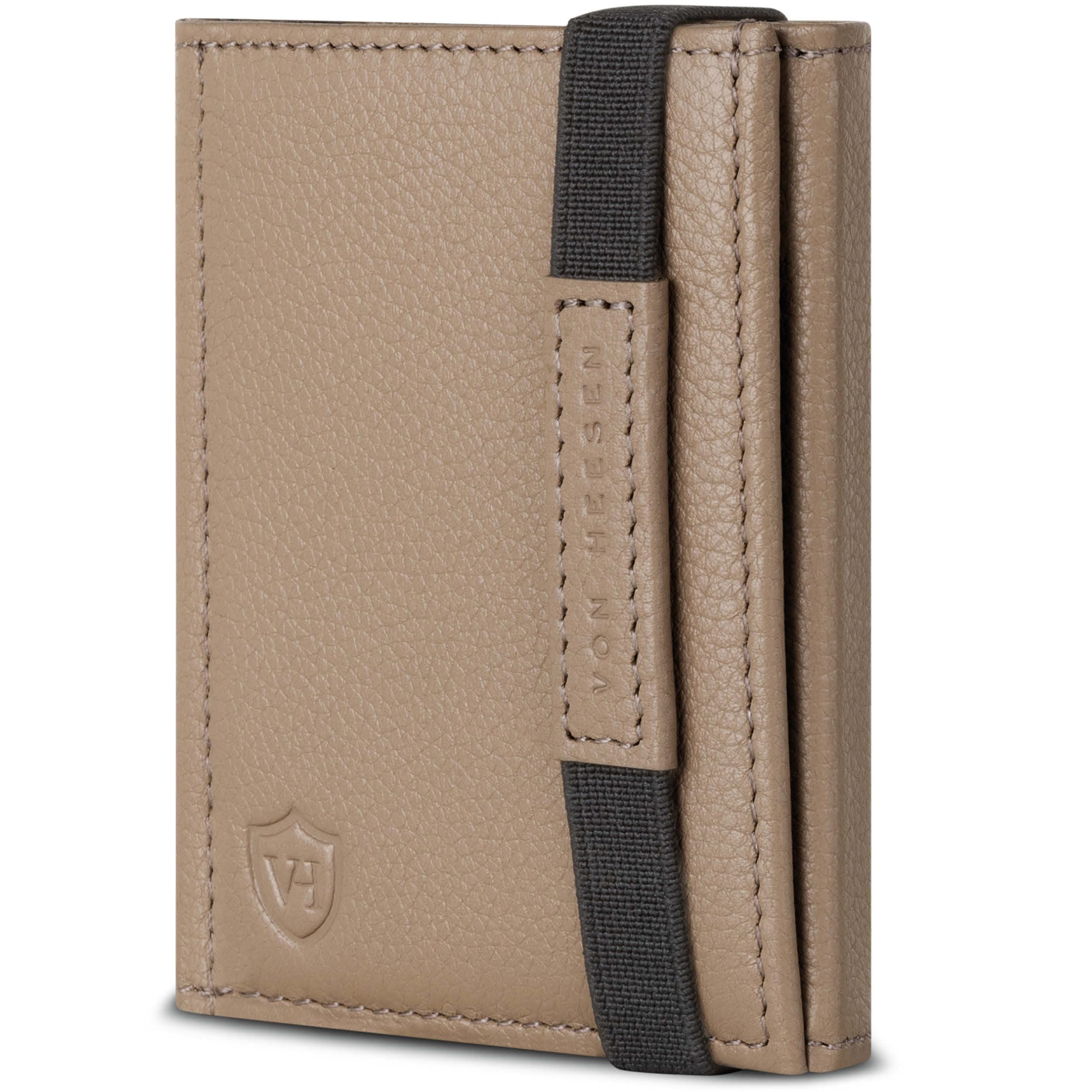 VON HEESEN Slim Wallet mit RFID Schutz - Geldbörse Herren klein - Mini Geldbeutel Damen Portmonee - Kartenetui Echtleder Karten Portemonnaie - Leder Kreditkartenetui Taupe