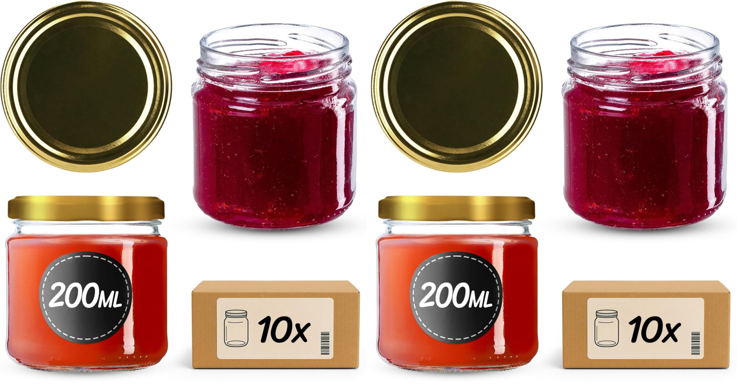 Tarros de cristal de 200 ml KADAX con tapas herméticas doradas de 66 mm para conservas